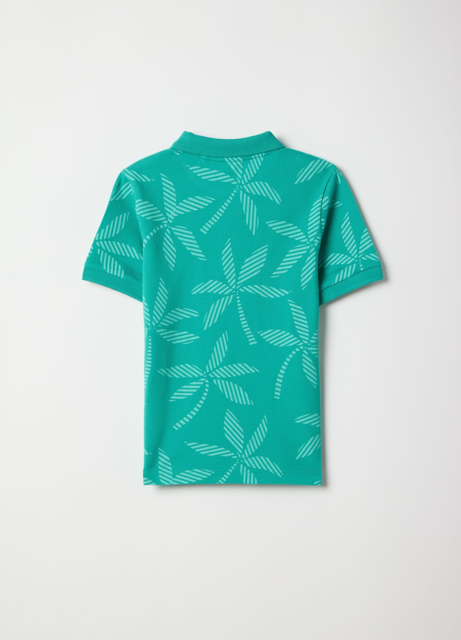 Green pure cotton boys&rsquo; polo shirt, regular fit, with floral design