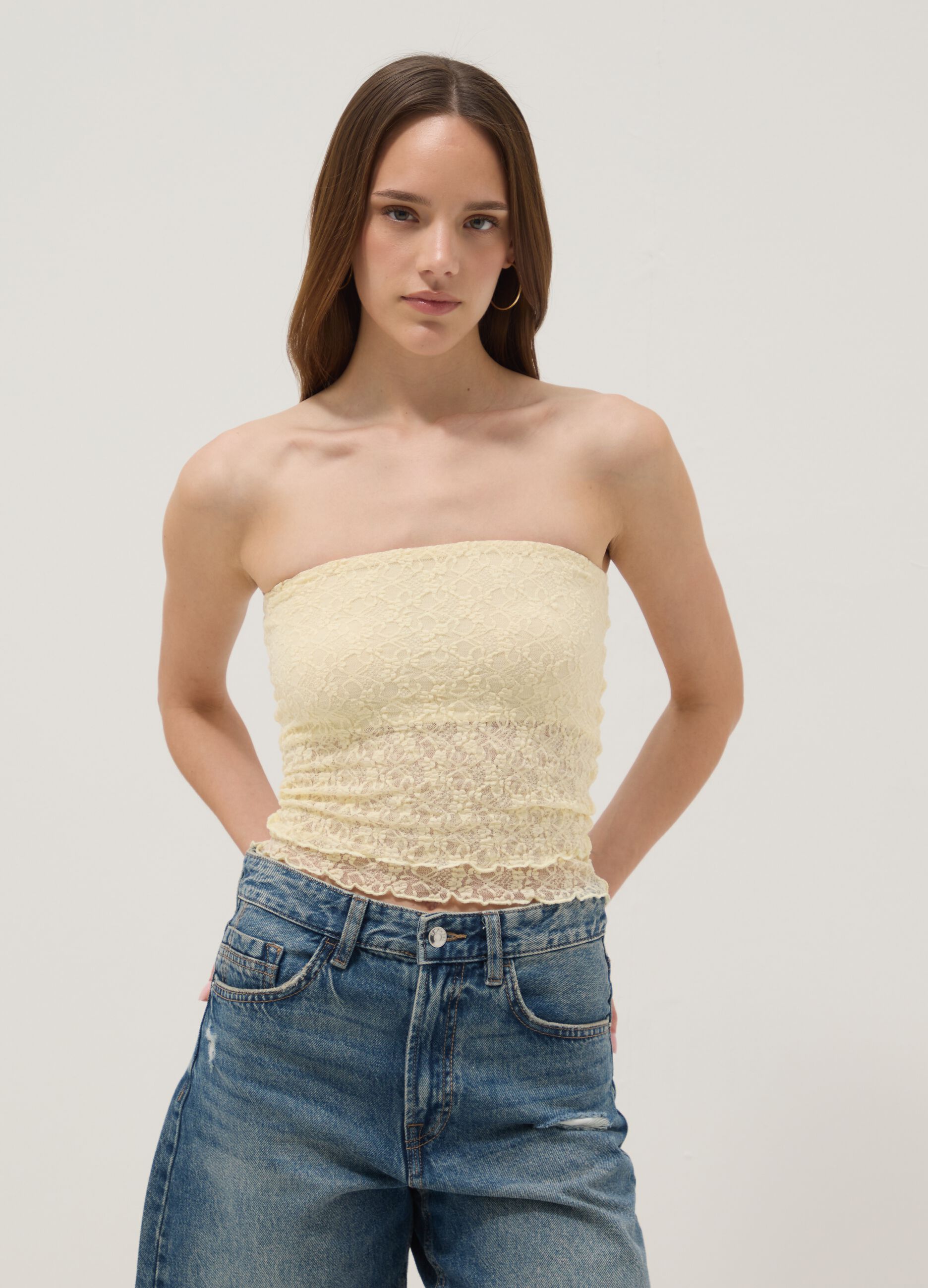 Yellow cropped stretch top with floral texture