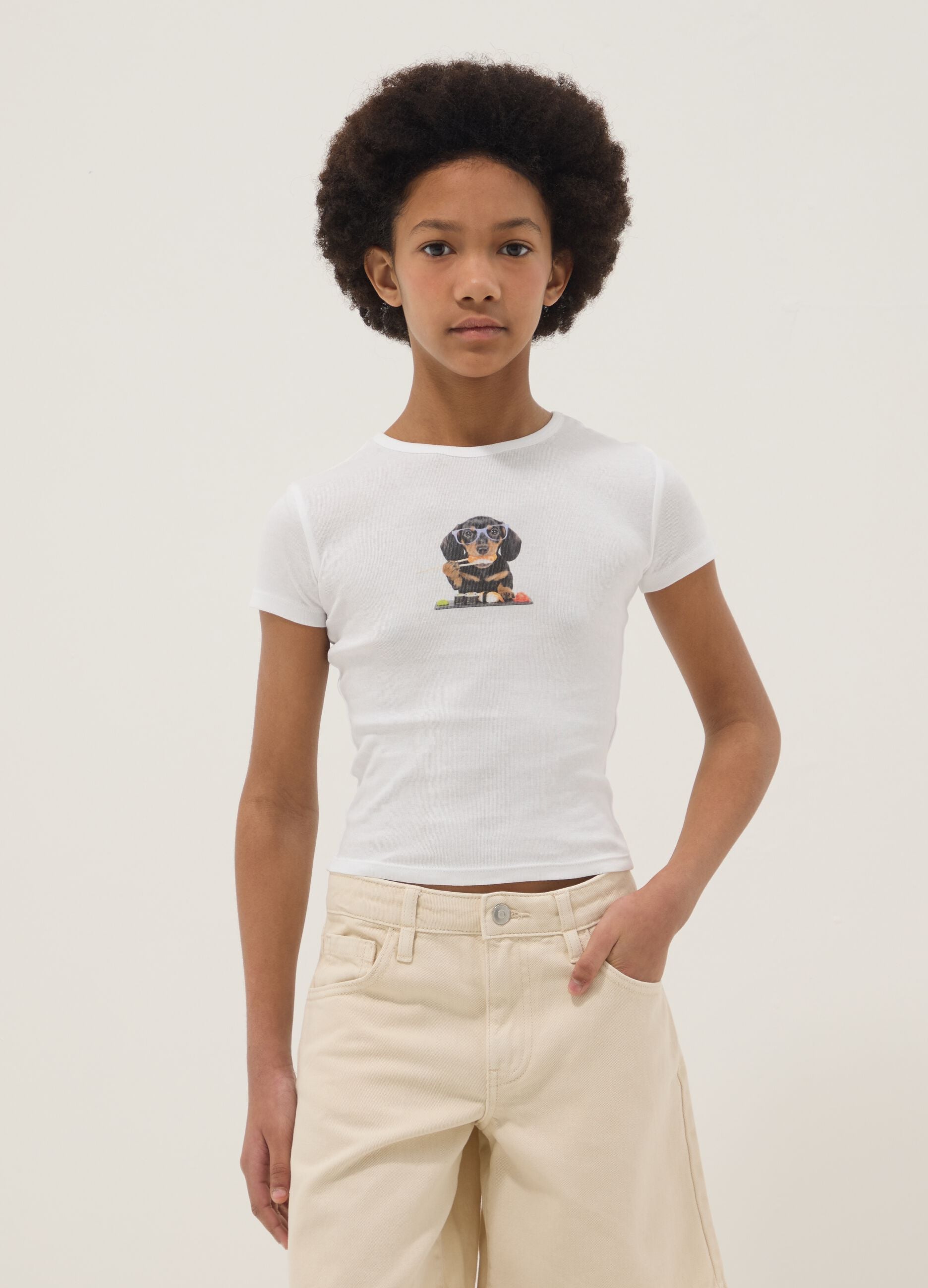 Girls&rsquo; white pure cotton slim-fit T-shirt with dog print