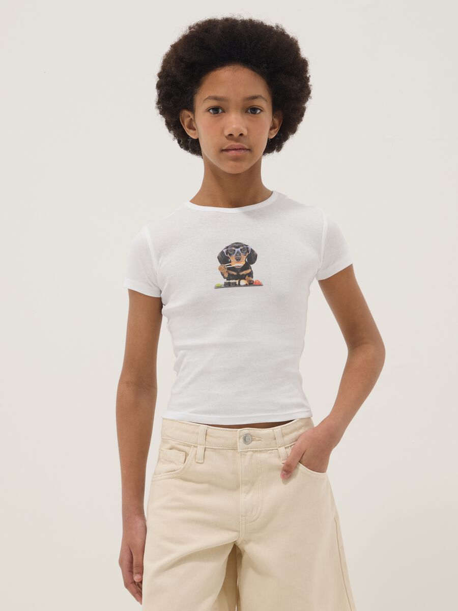 Girls&rsquo; white pure cotton slim-fit T-shirt with dog print_0