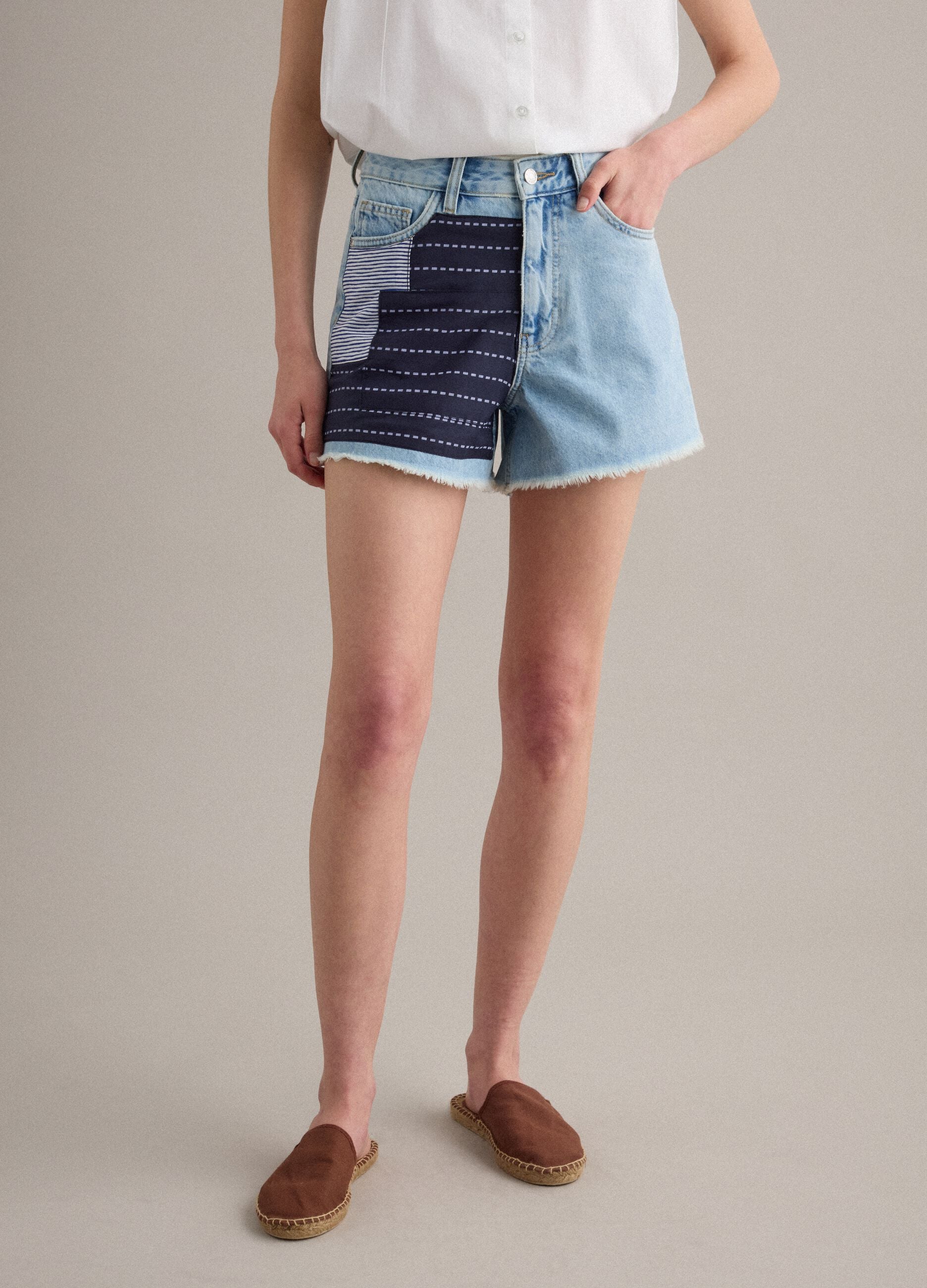 Light blue pure-cotton denim shorts with patchwork inserts