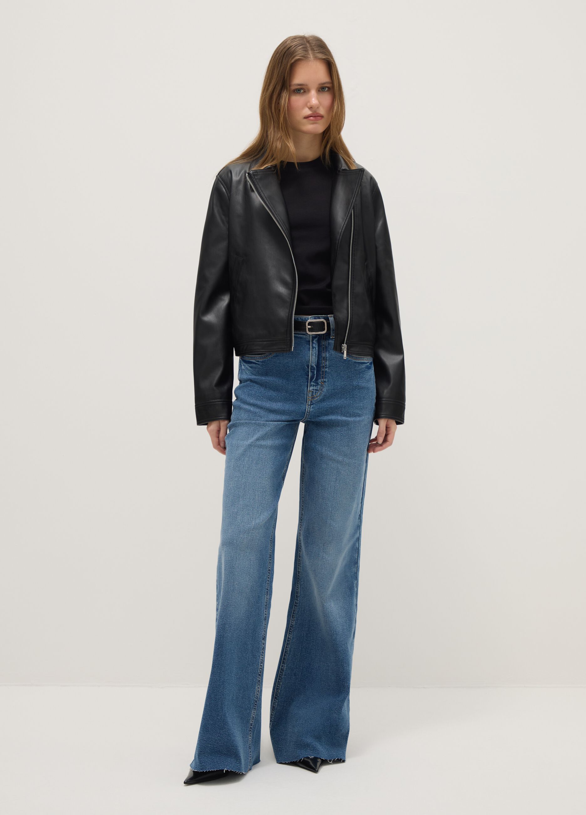 Wide leg stretch cotton blue jeans