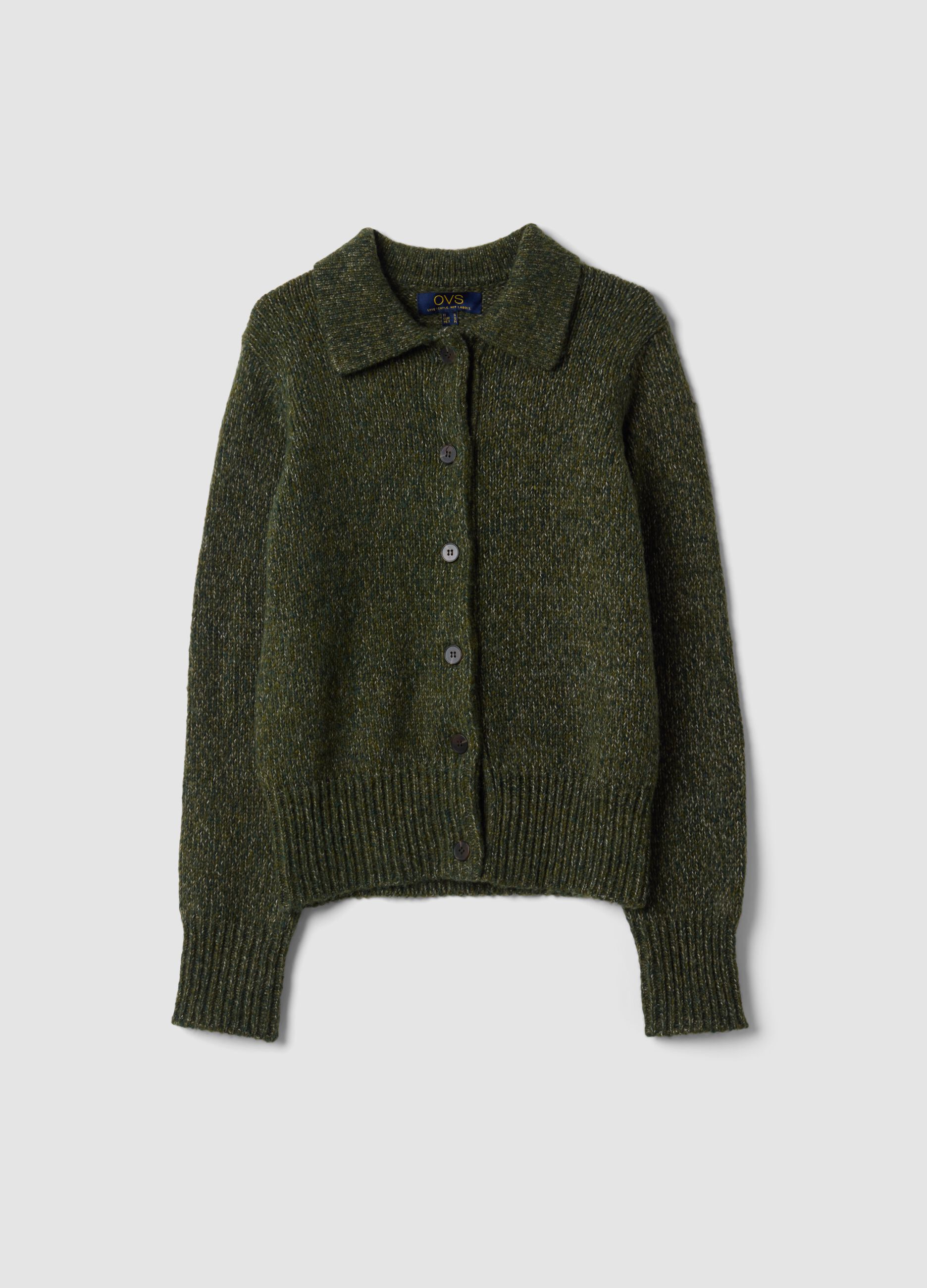 Green wool-blend cardigan with polo collar