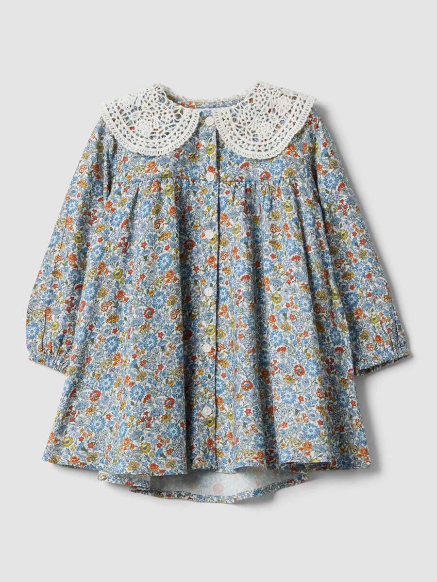Multicolour pure viscose floral dress with lace collar_0