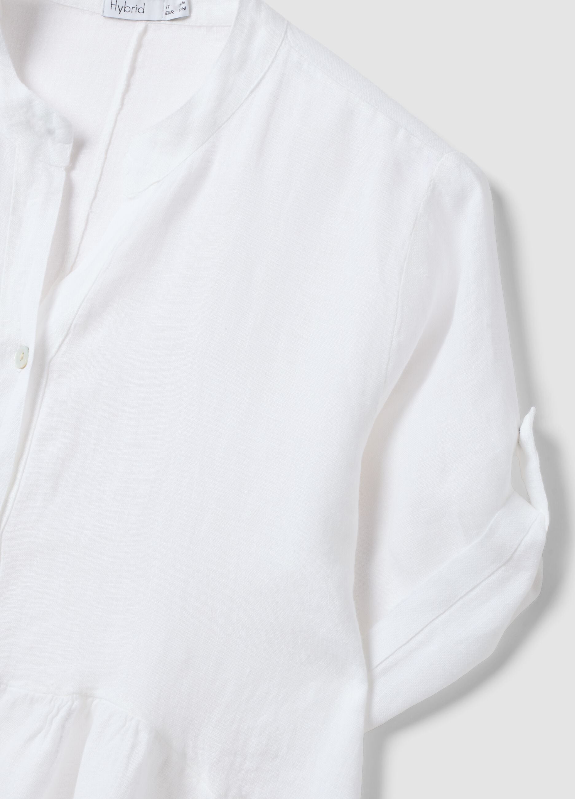 White pure linen dress with Mandarin collar, regular fit