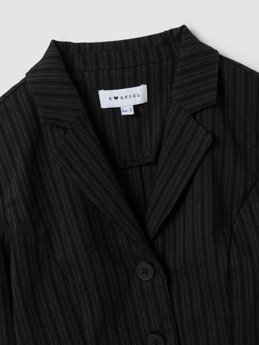 Black cropped stretch viscose blazer with classic lapels, slim fit_1