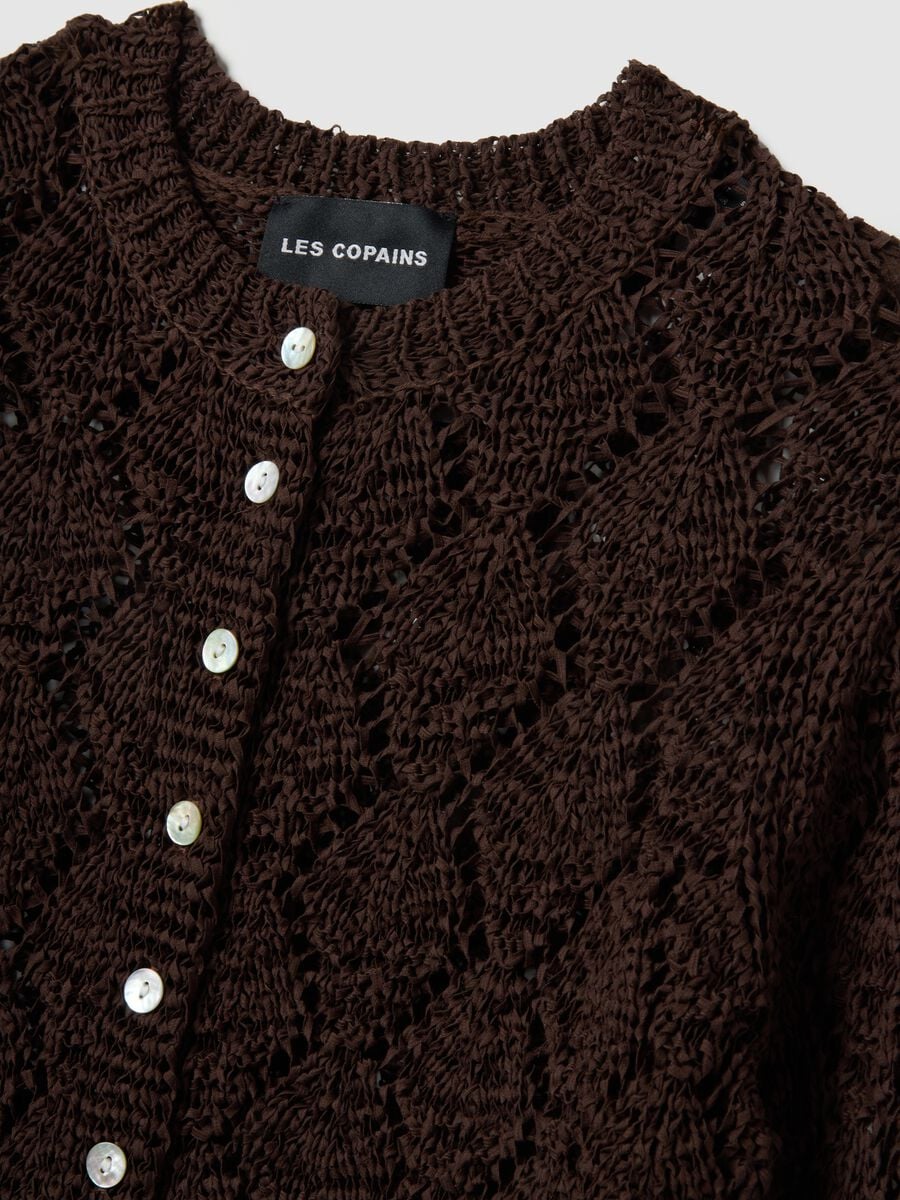 Brown cotton blend cardigan with regular fit and knitted design_5