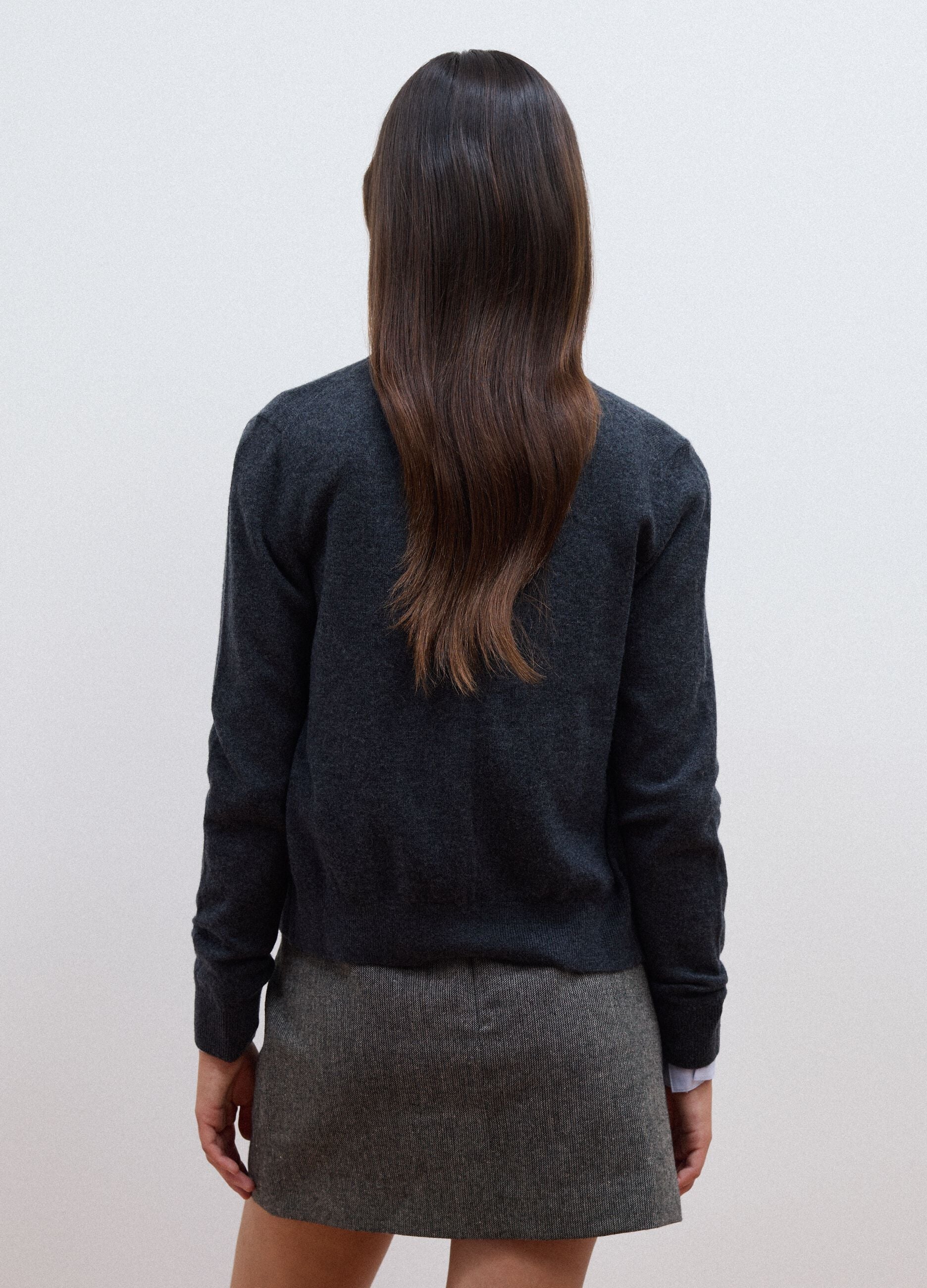 Grey pure wool crew-neck cardigan with buttons, regular fit