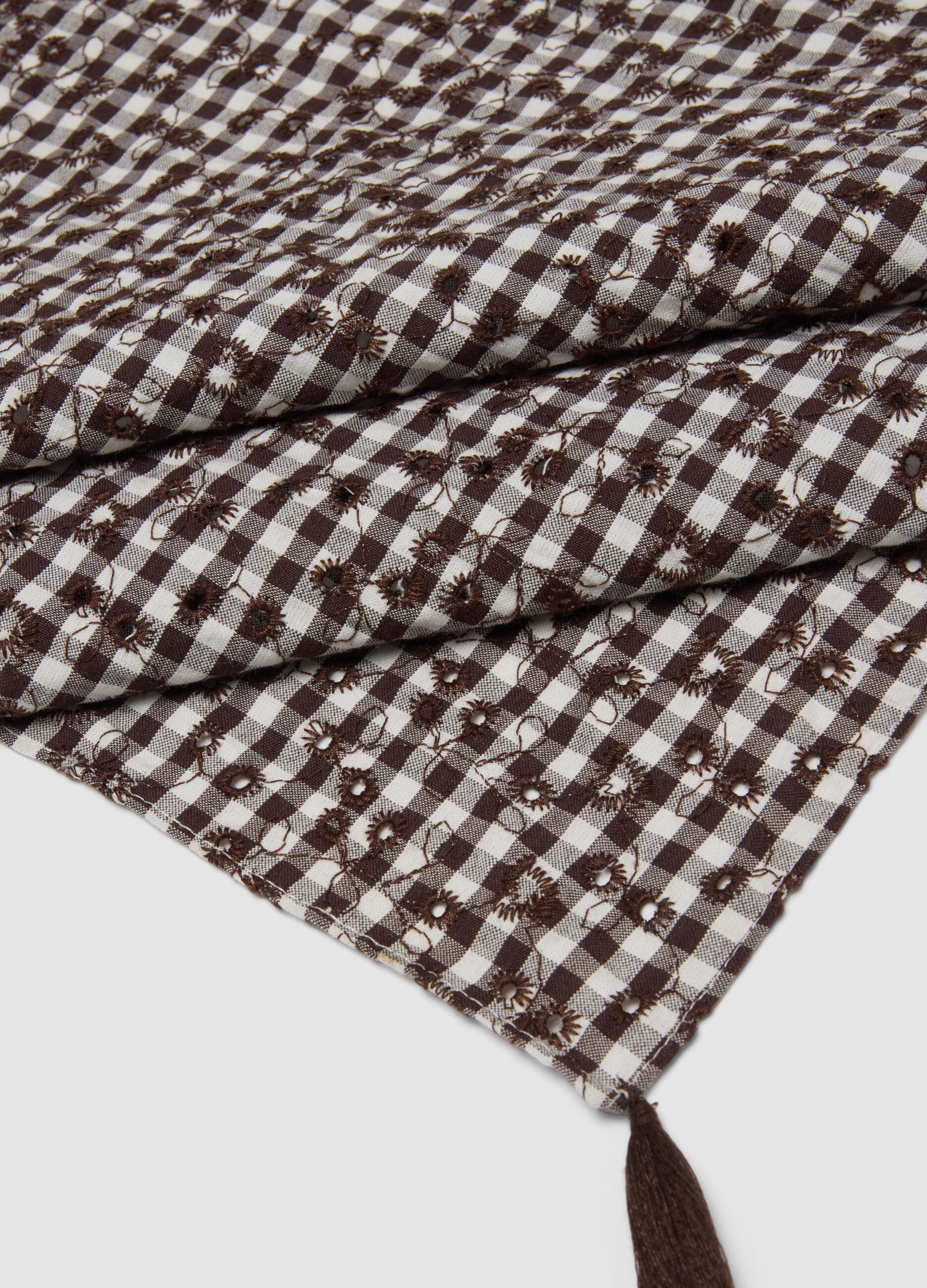 Brown cotton and viscose blend scarf with check pattern