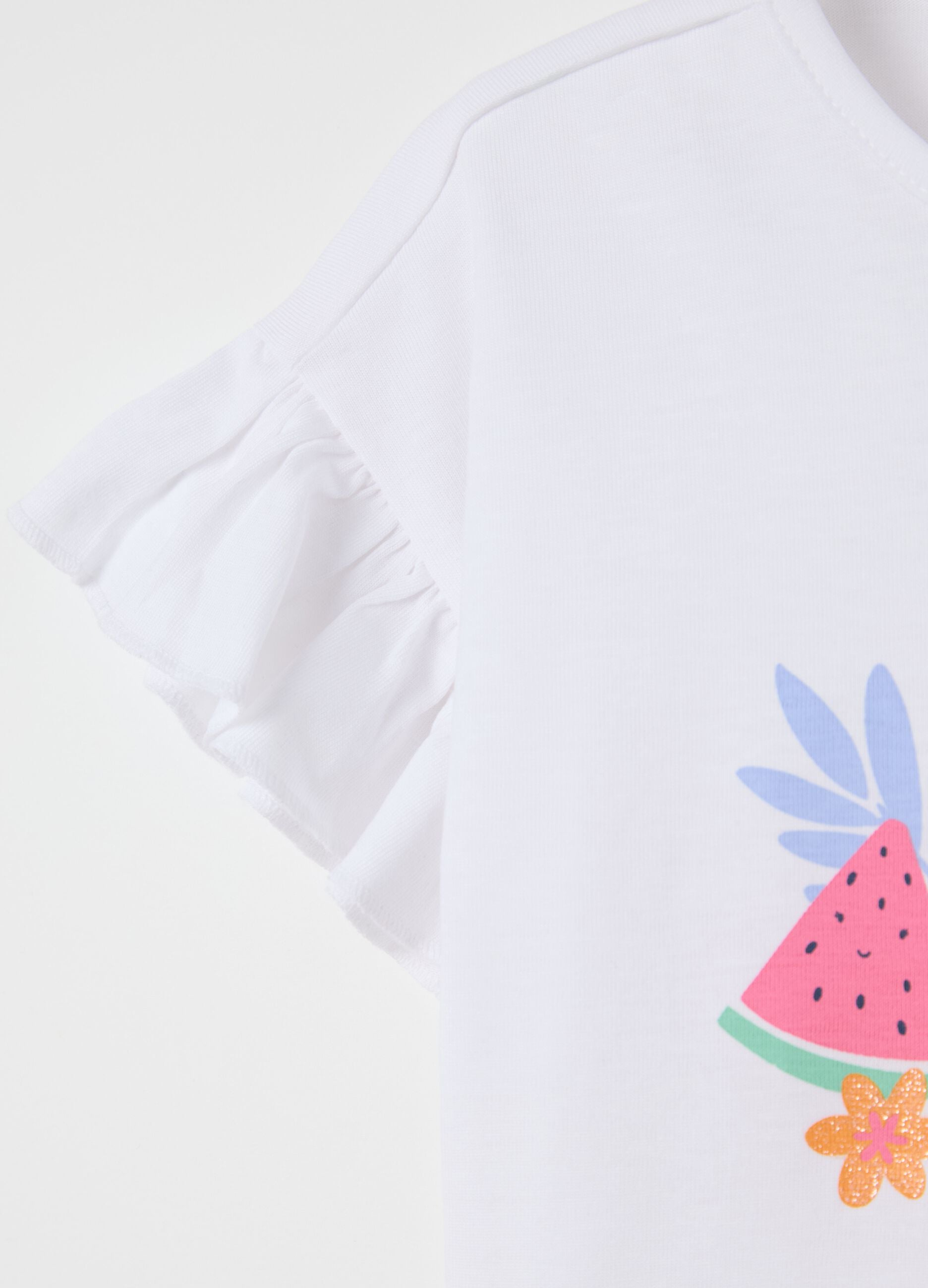 White cotton T-shirt with frills and print