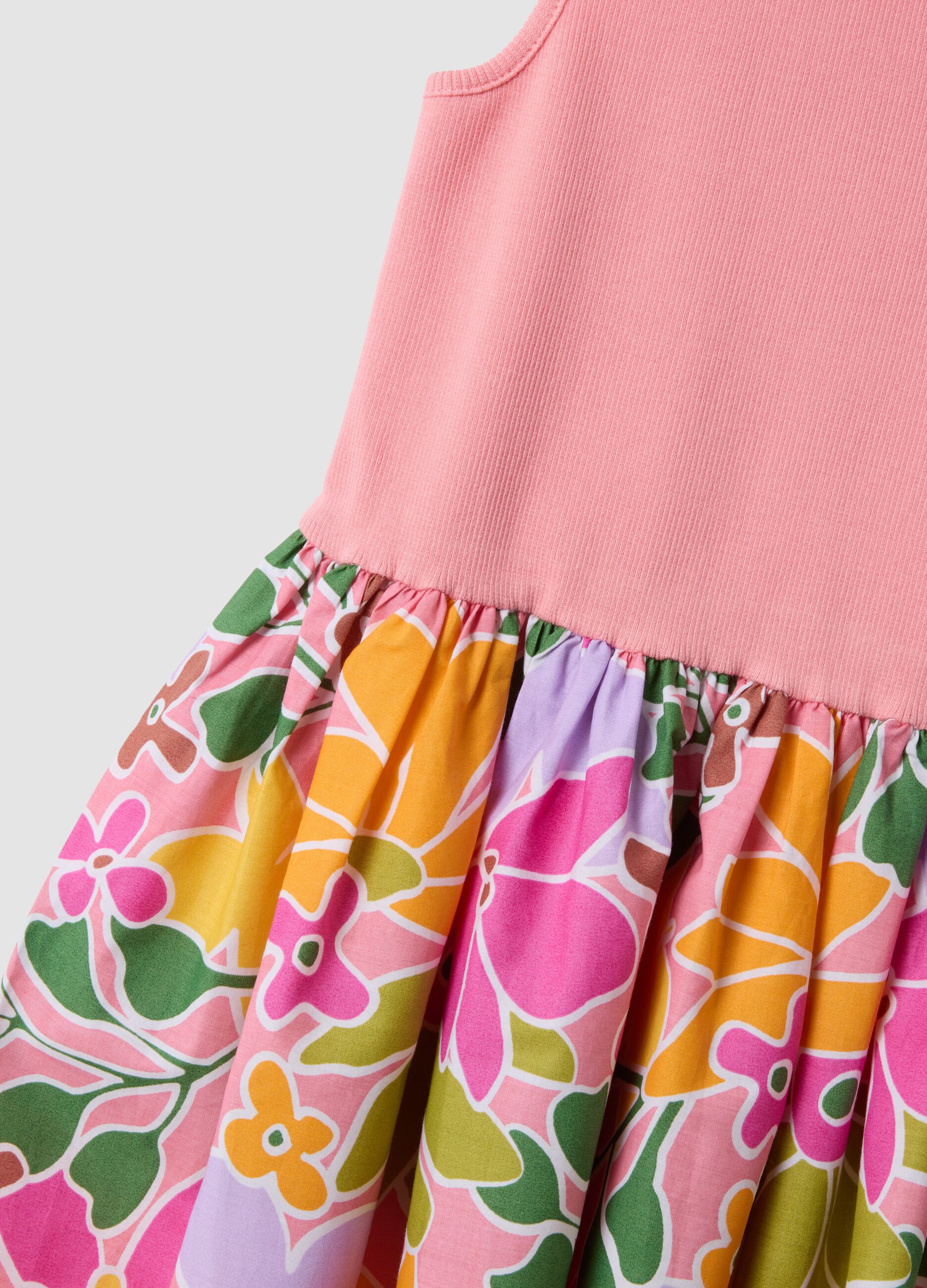 Pink stretch cotton dress with floral print skirt