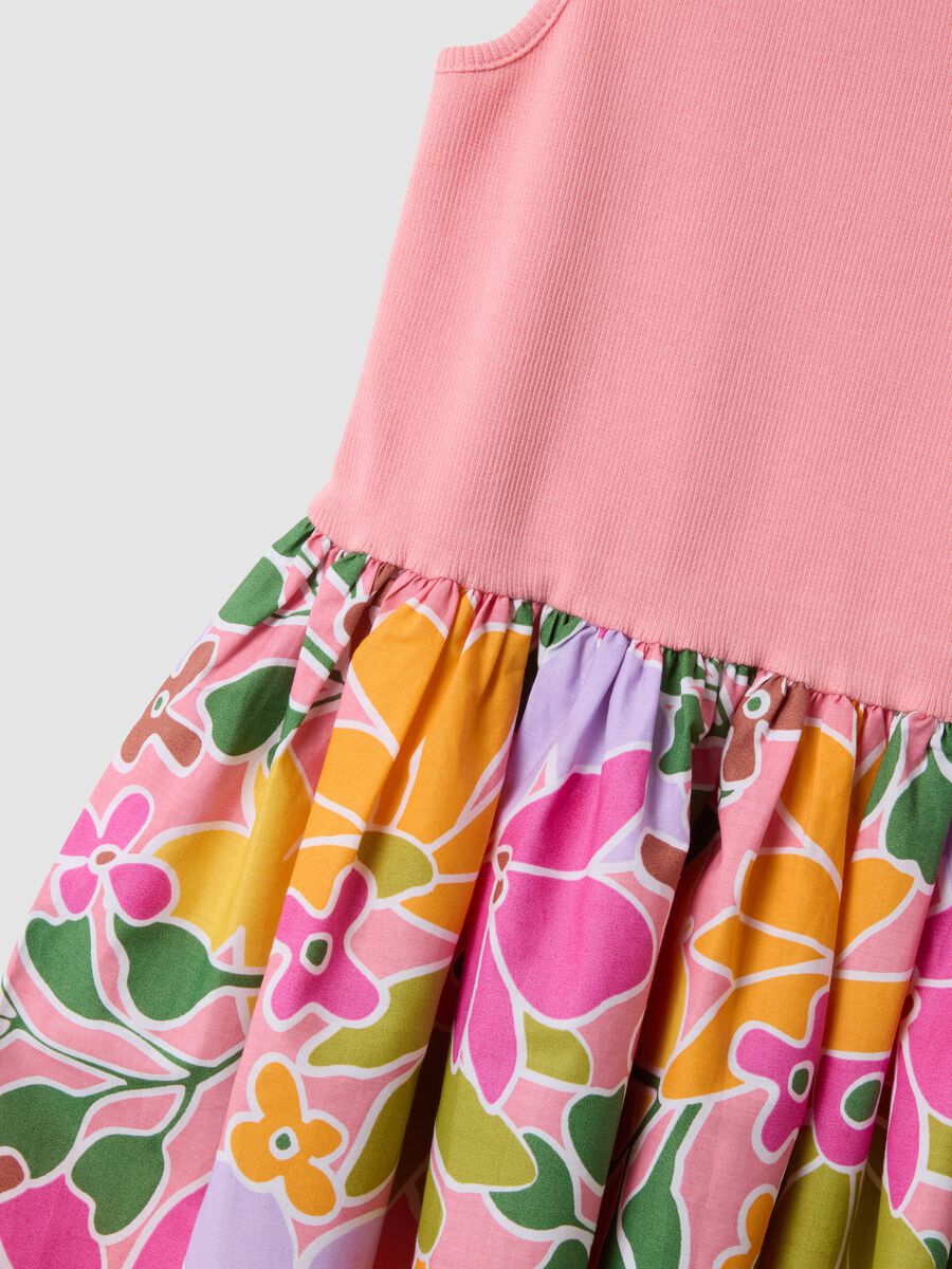 Pink stretch cotton dress with floral print skirt_2