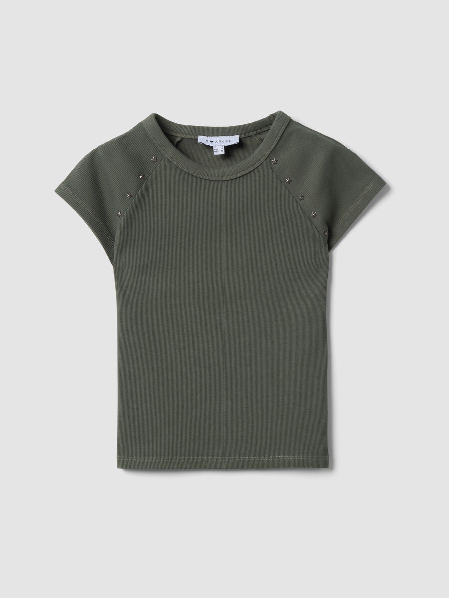 T-shirt fitted verde in cotone elasticizzato a costine con borchie_4