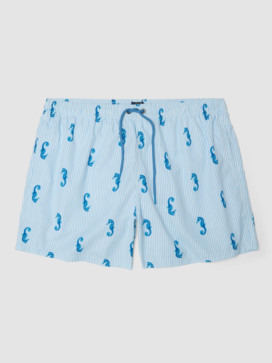 Blue striped swim shorts with seahorse print_4