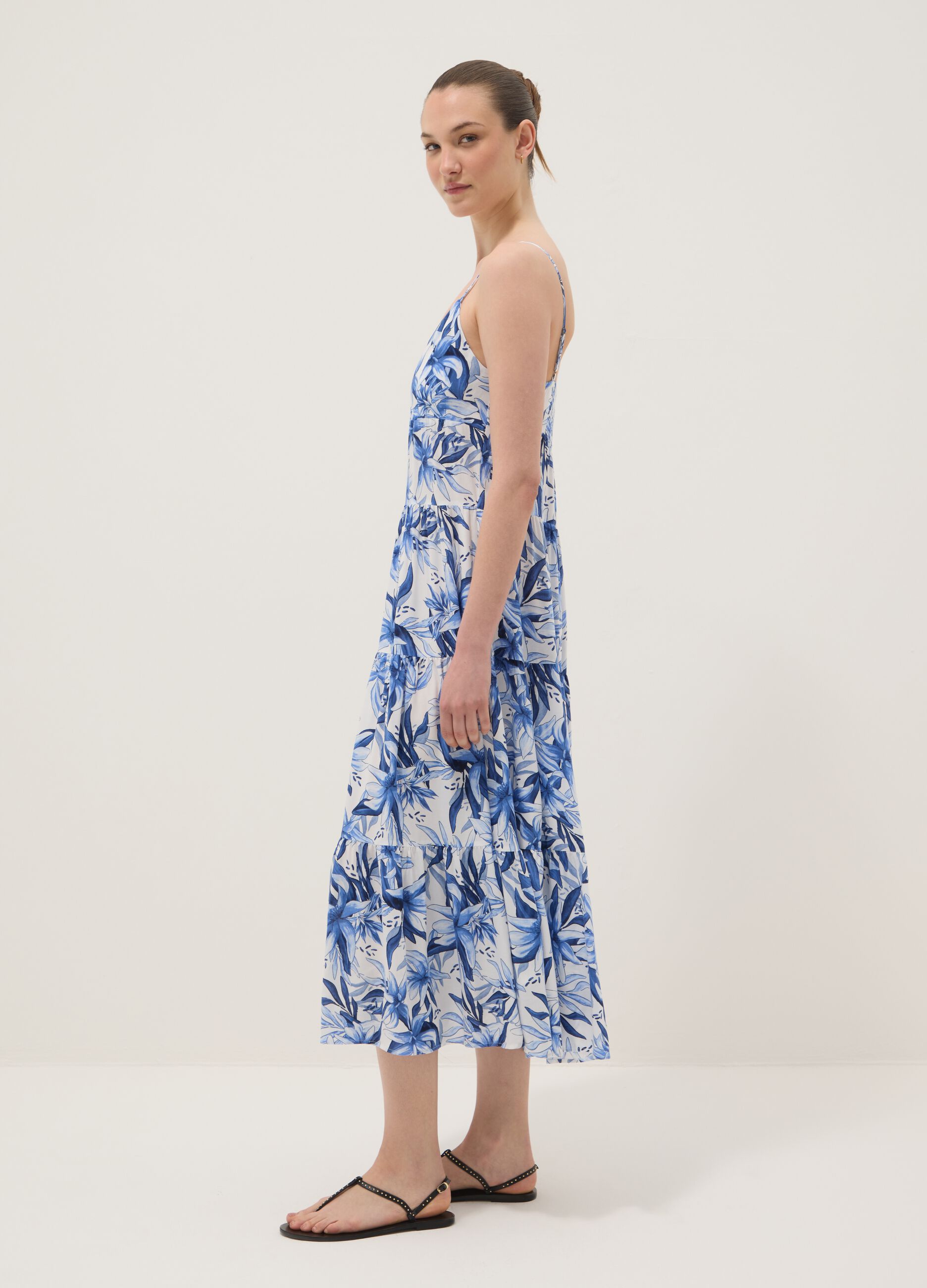 Blue and white pure viscose maxi dress with floral print