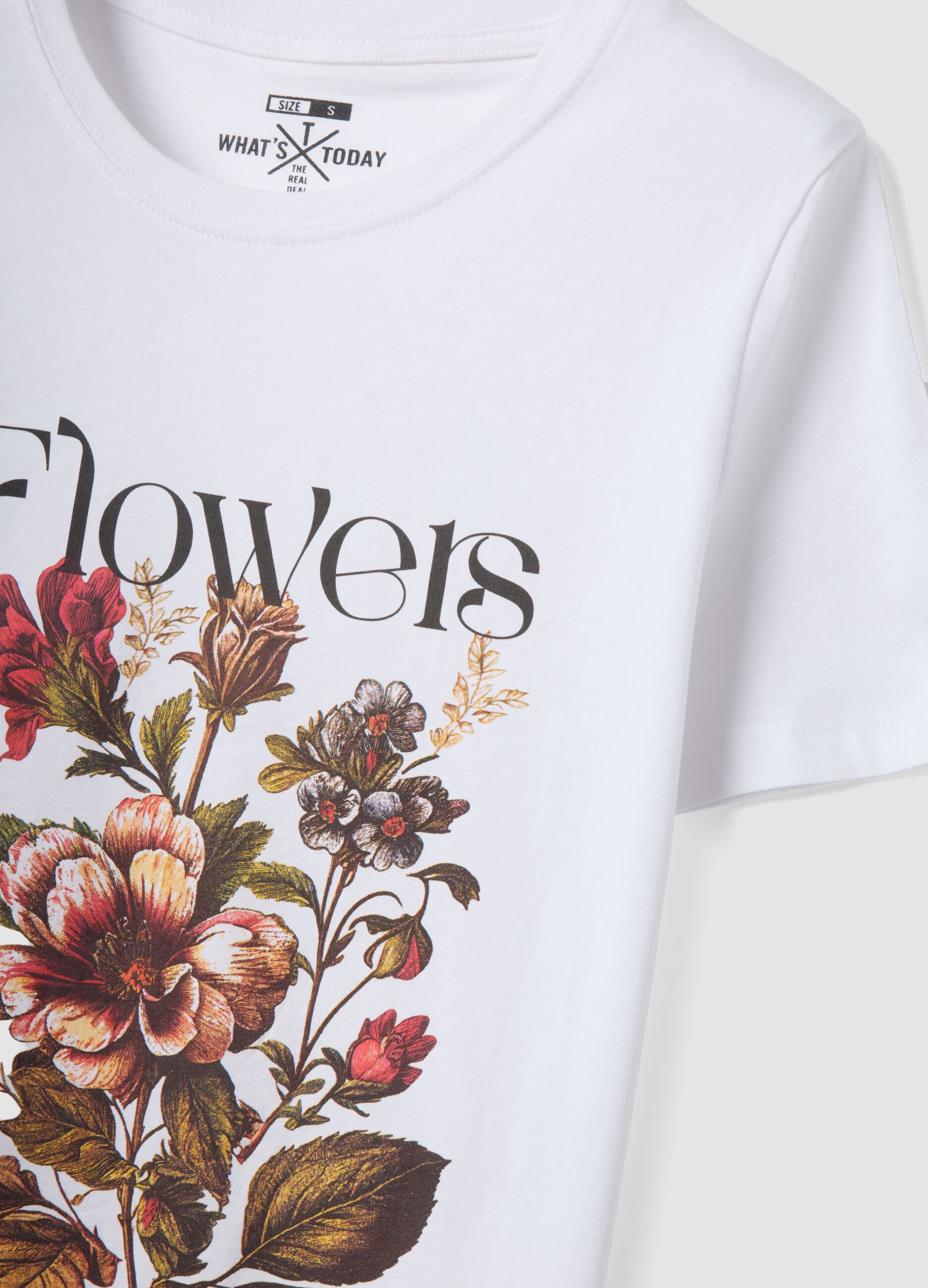 White pure cotton regular fit t-shirt with floral print