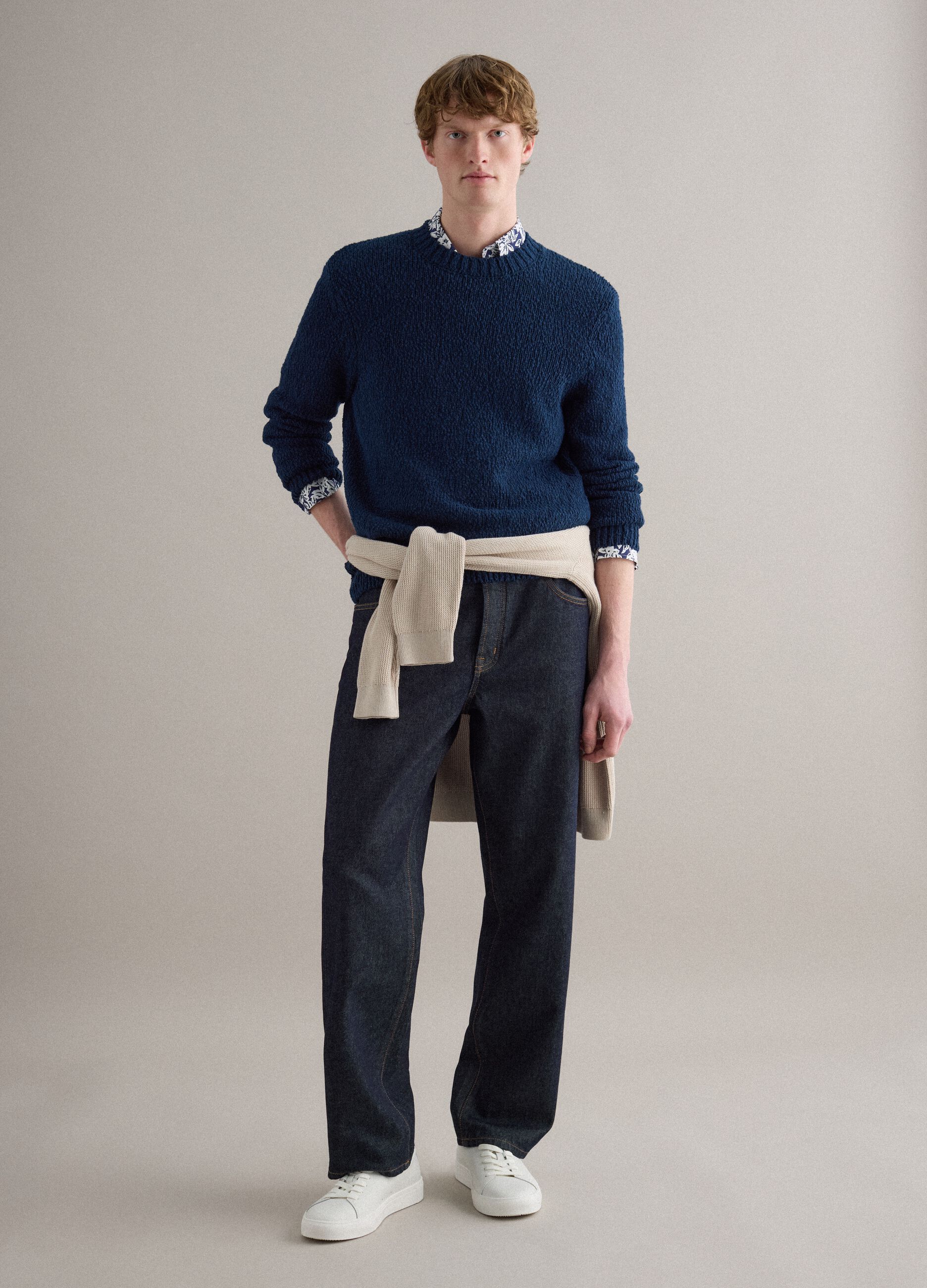 Long sleeve blue pure cotton pullover regular fit