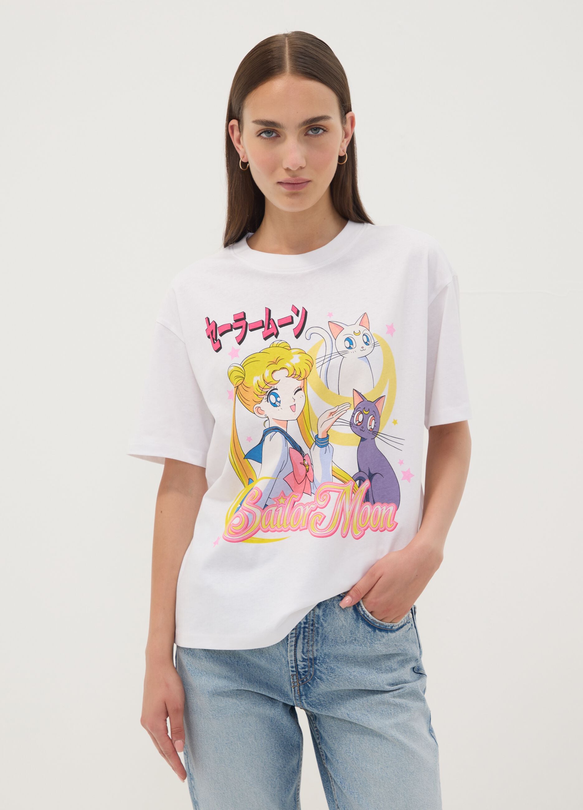 White pure cotton Sailor Moon print T-shirt, regular fit