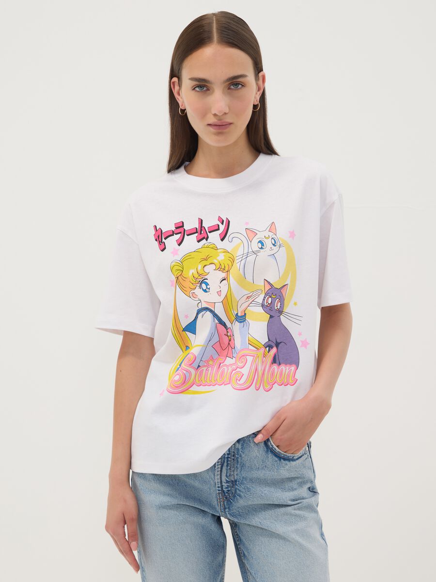White pure cotton Sailor Moon print T-shirt, regular fit_0