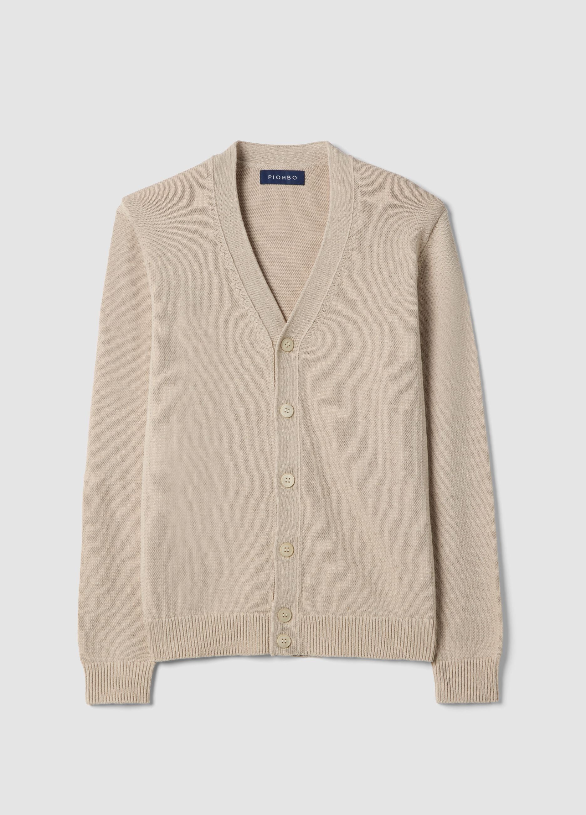 Beige deep V regular fit cotton and linen blend cardigan