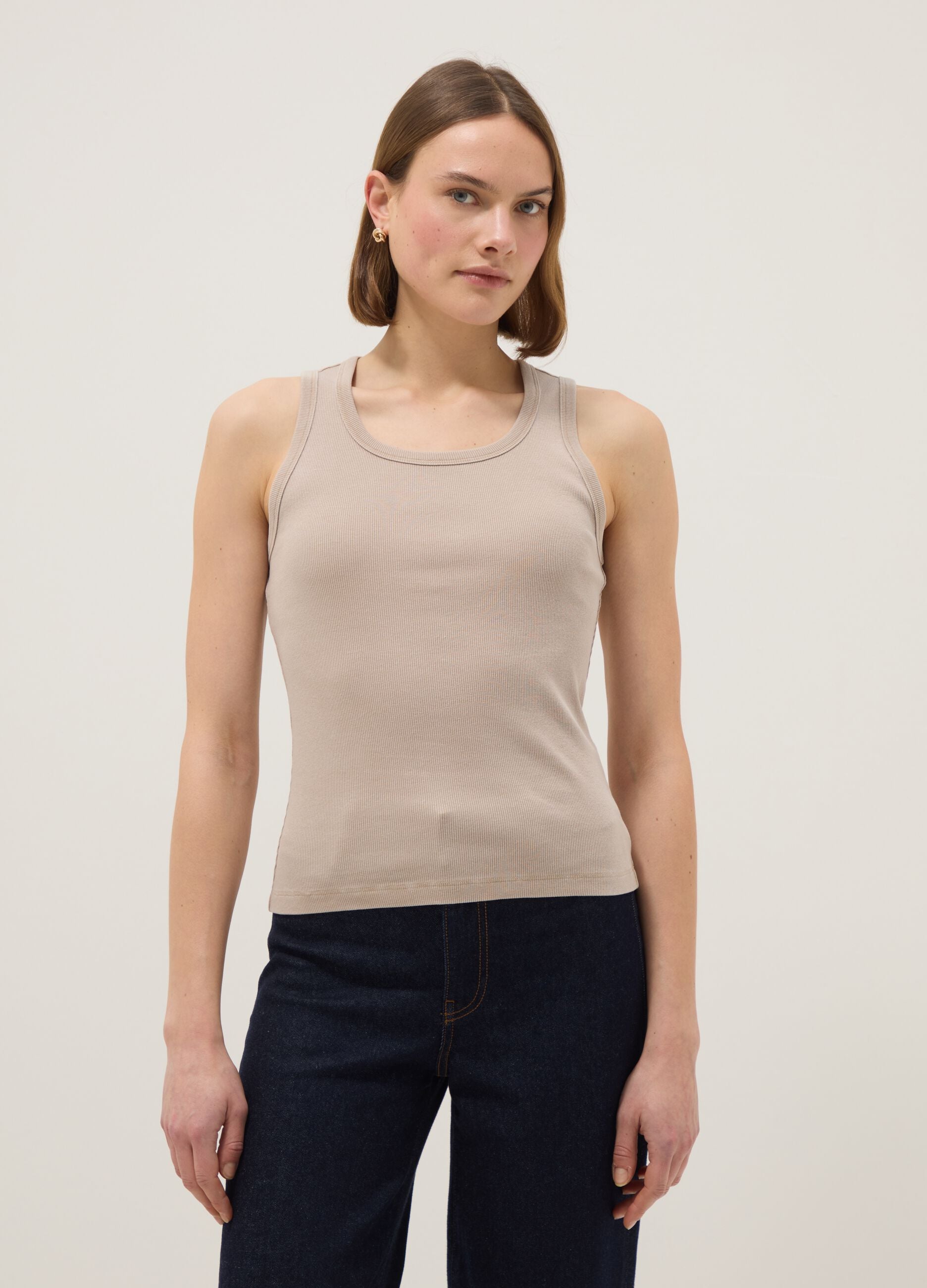 Beige stretch cotton vest top, regular fit