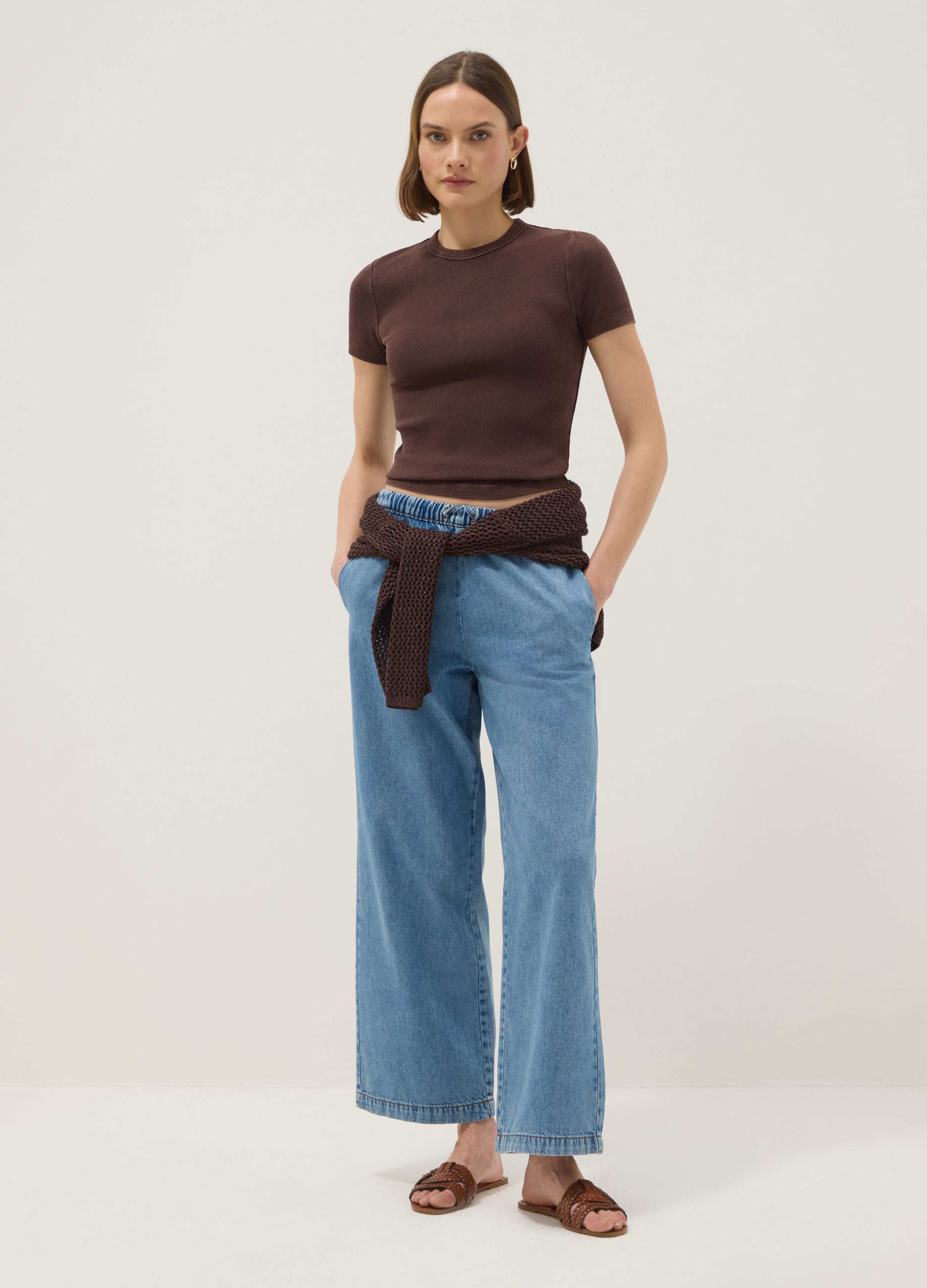 Brown stretch cotton fitted t-shirt