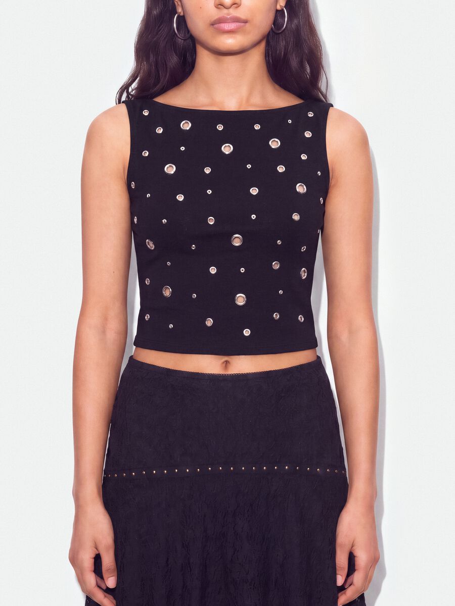Top nero in cotone elasticizzato con occhielli metallici regular fit_3