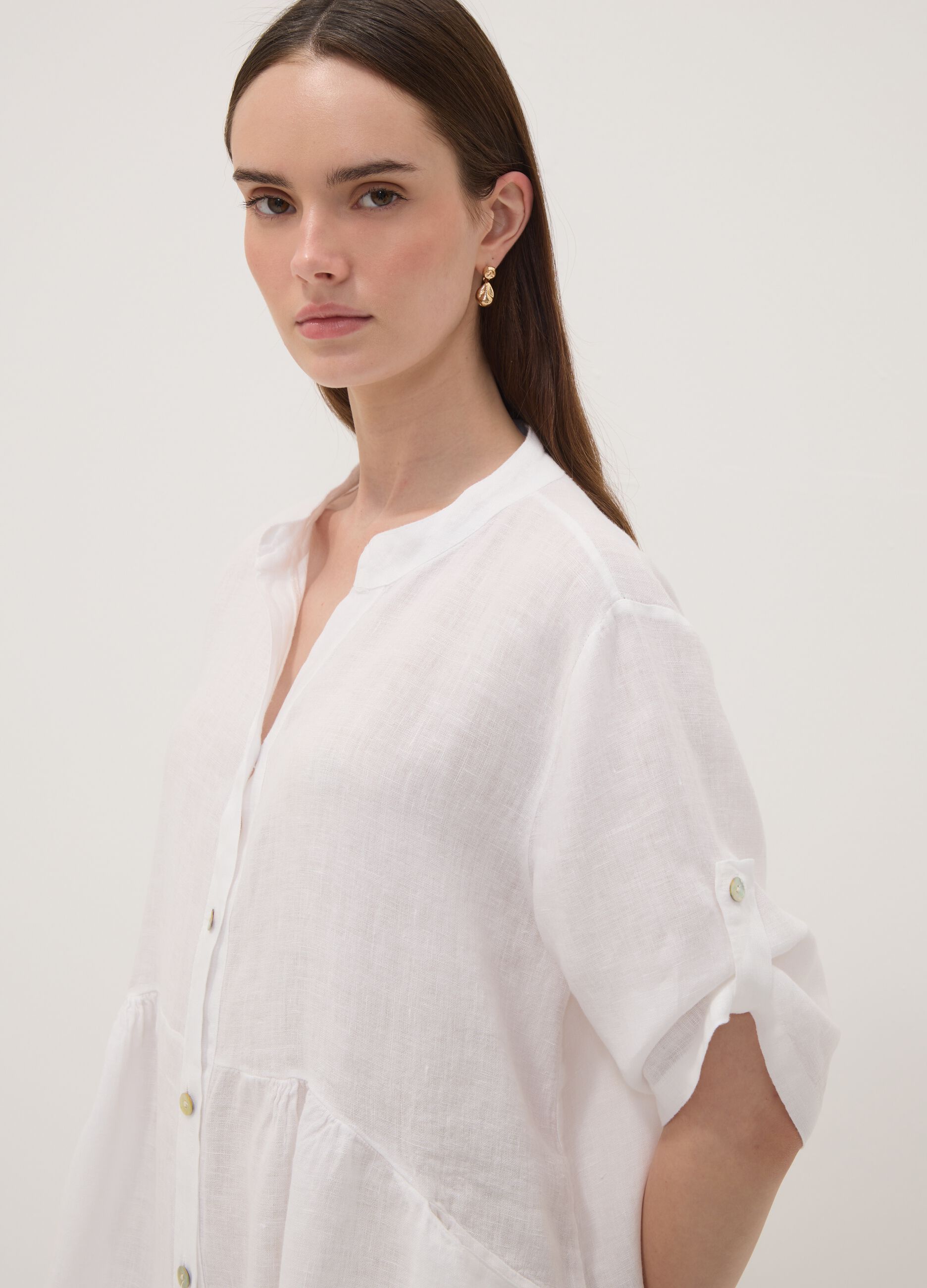 White pure linen dress with Mandarin collar, regular fit