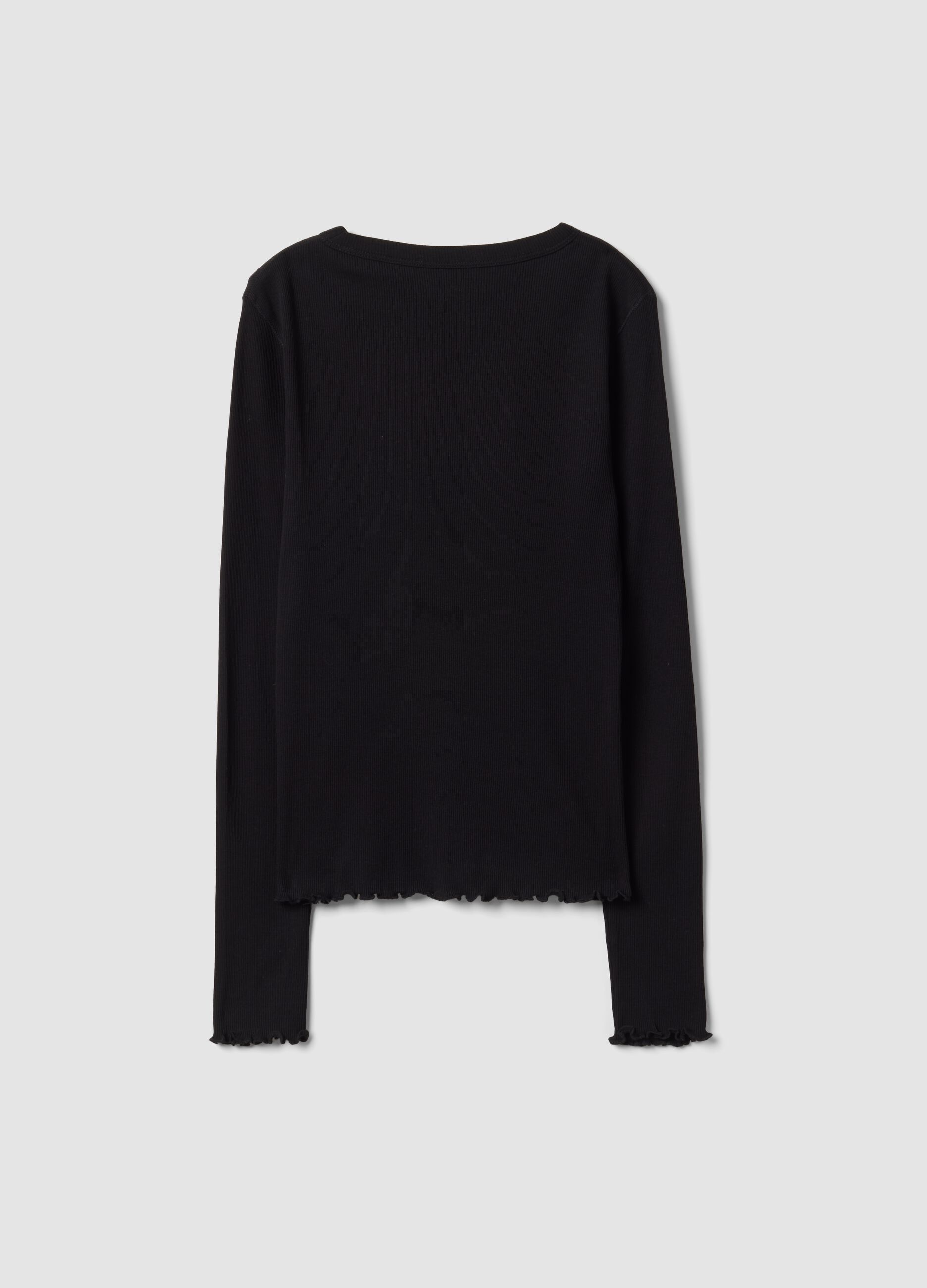 Black pure cotton long-sleeve crew-neck T-shirt, regular fit