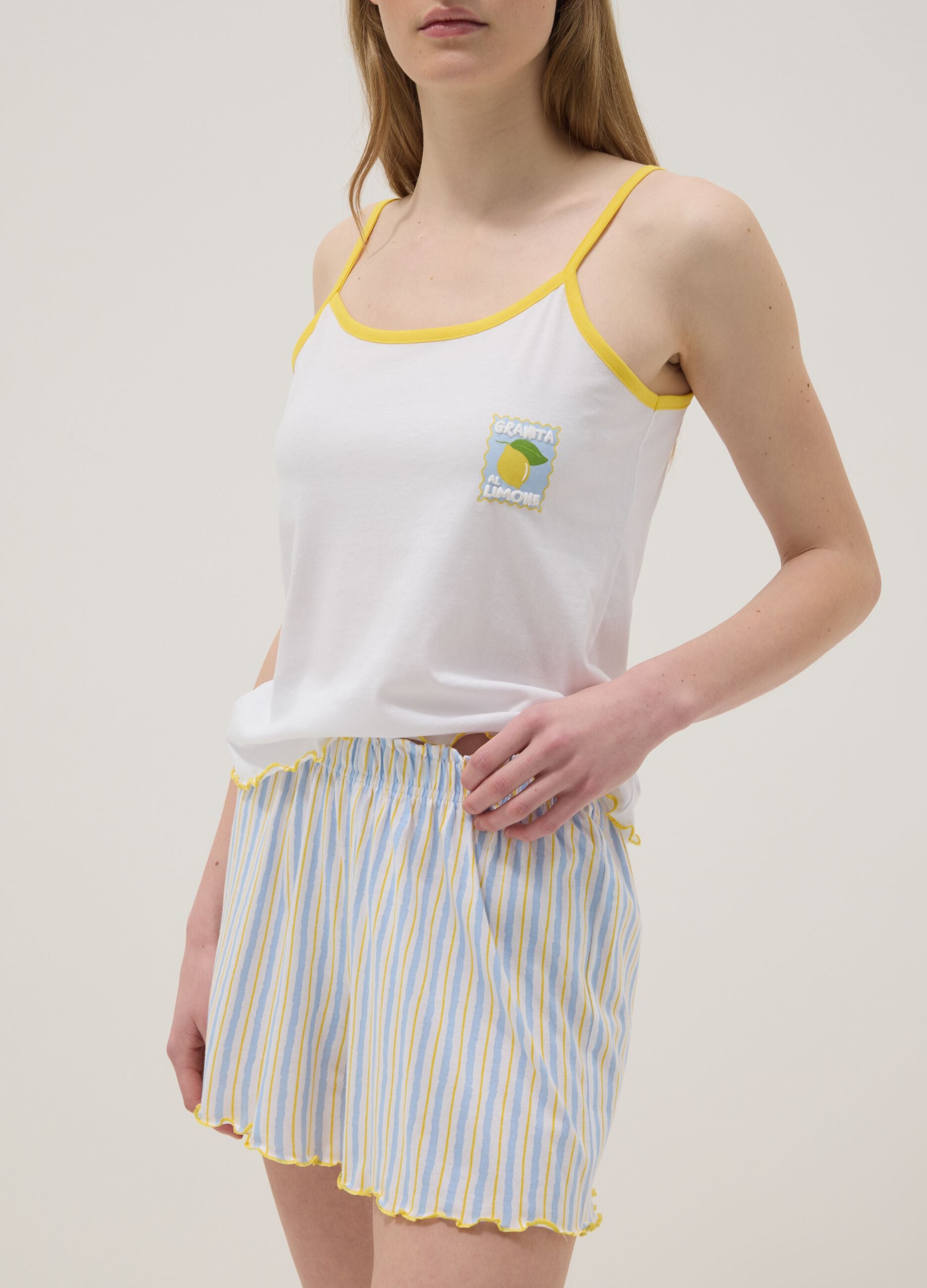 Multicolour pure cotton short pyjamas, regular fit, with gathered trims