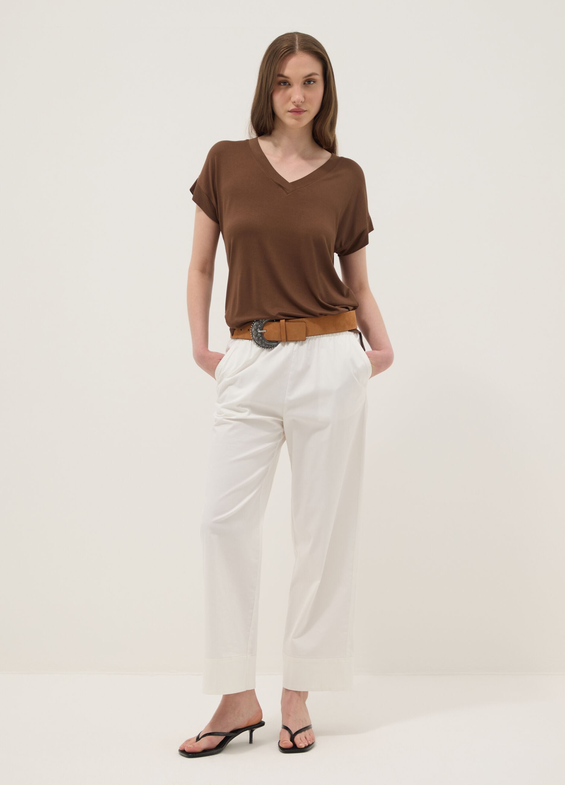Brown stretch viscose V-neck T-shirt