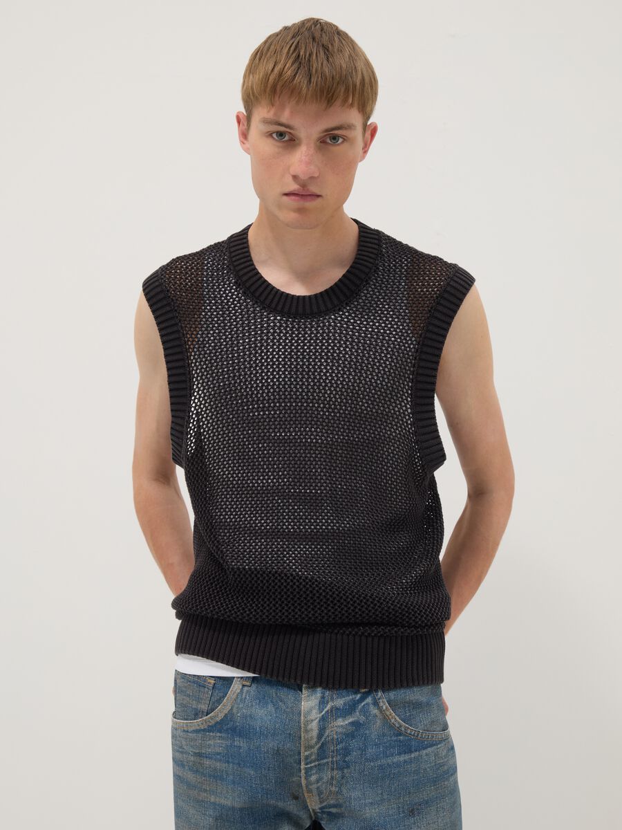 Maglia smanicata nera in puro cotone a rete over fit_1