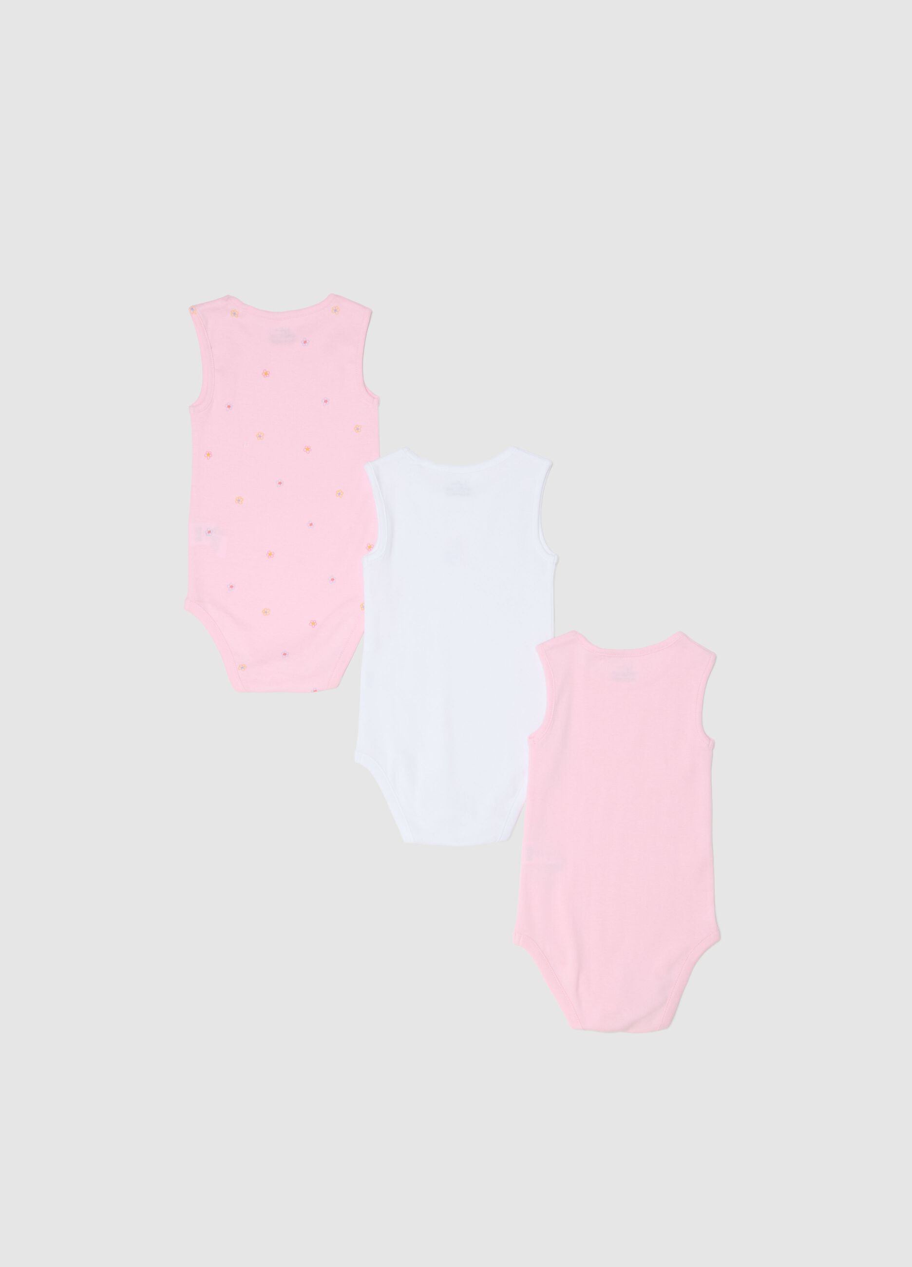 Tripack sleeveless bodysuits in pure cotton multicolour for baby girls
