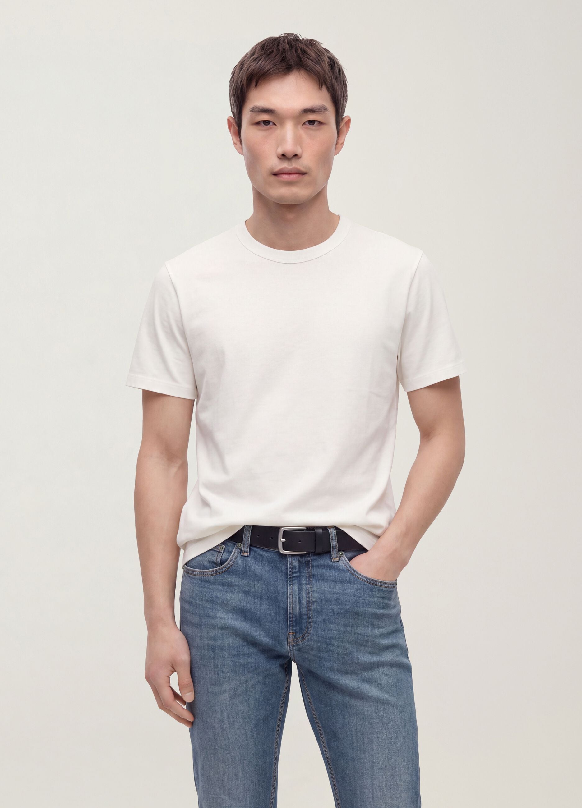 White pure cotton crew-neck T-shirt, relaxed fit