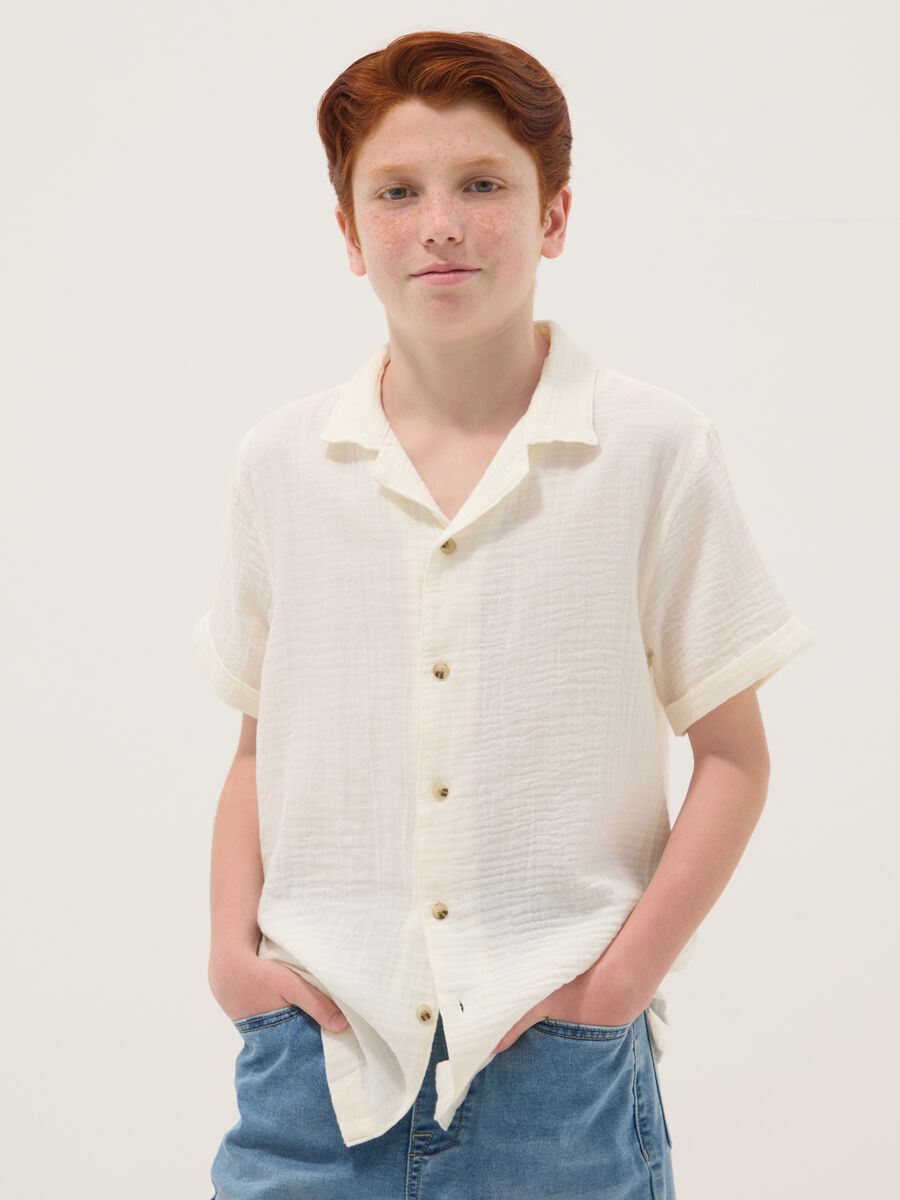 Boys&rsquo; white pure cotton shirt with crinkled texture_0