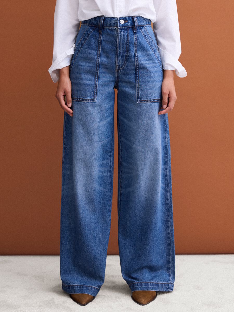 Blue denim wide-leg jeans in pure cotton_1