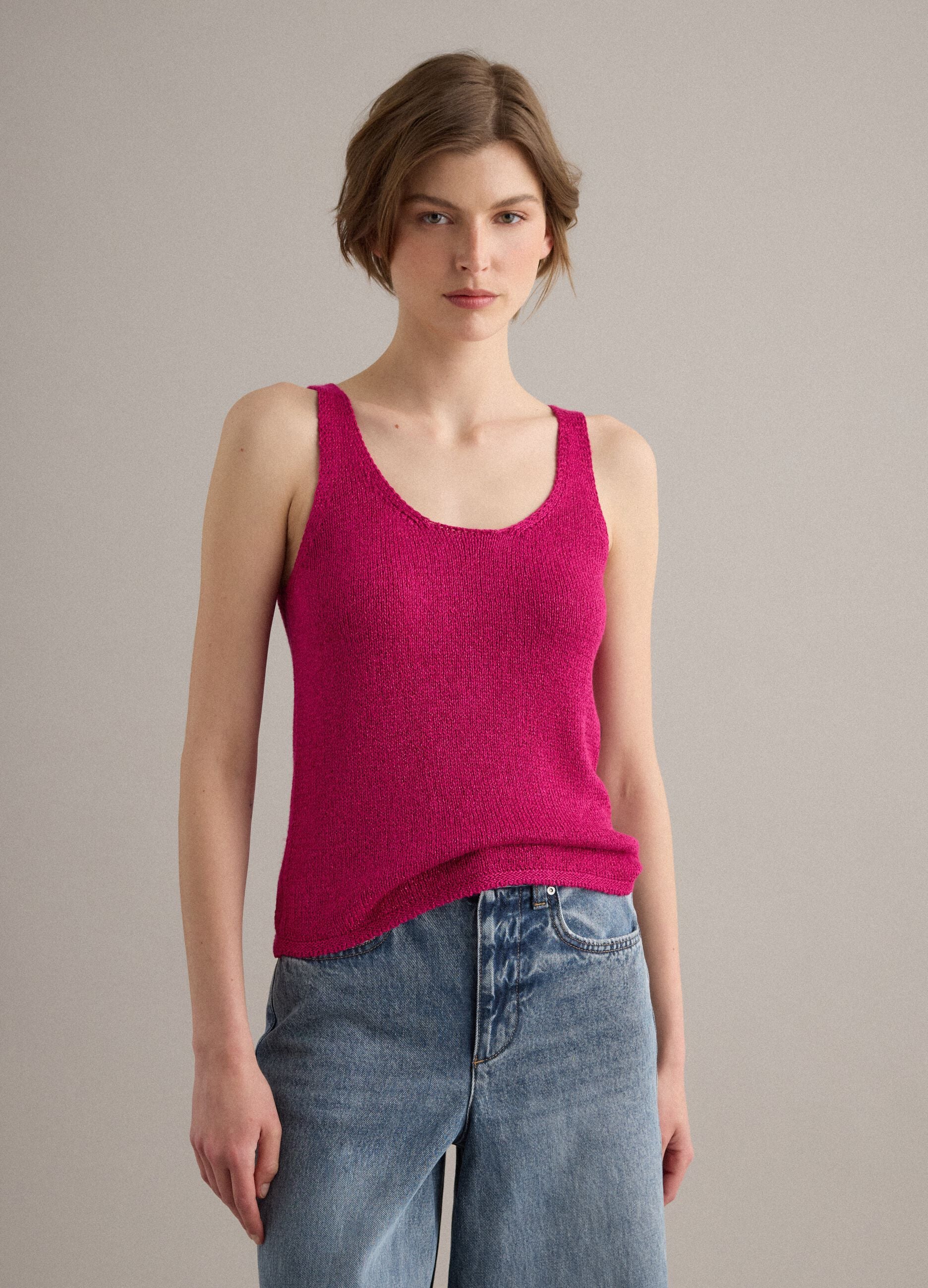 Pink viscose-blend regular-fit glitter tank top