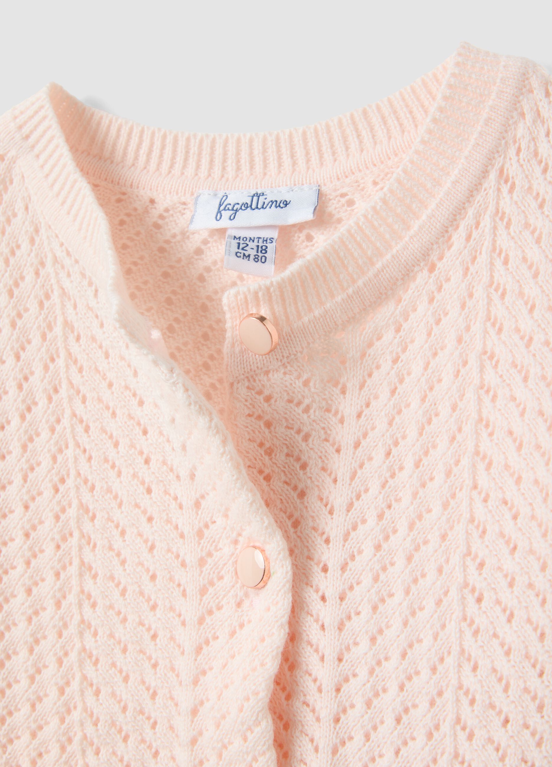 Fitted pink cotton cardigan for girls with eyelet design