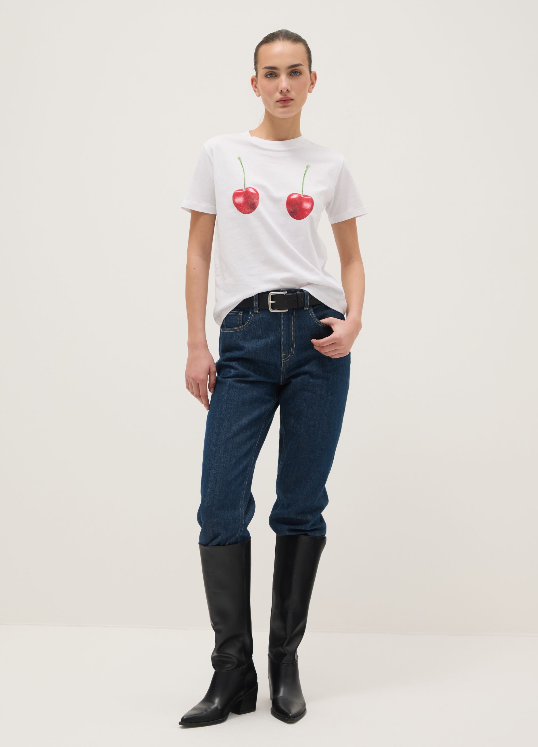 White pure cotton regular fit T-shirt with cherry print