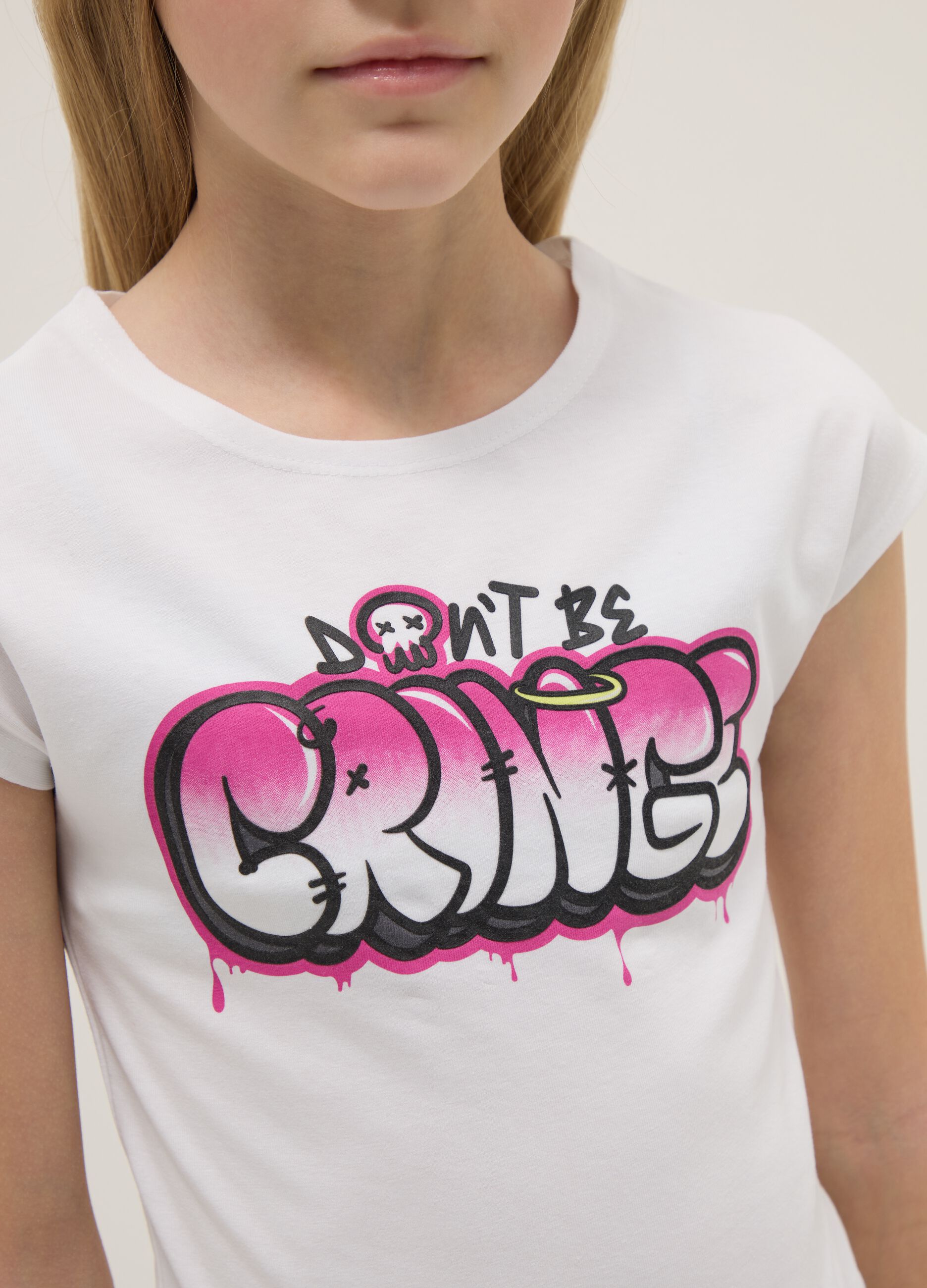 Girls' white stretch cotton slim fit t-shirt with print