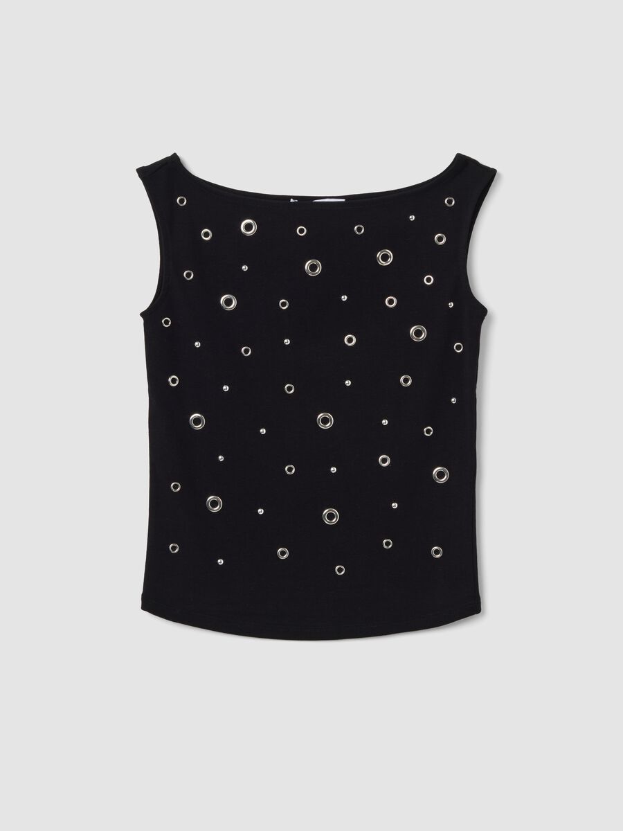 Top nero in cotone elasticizzato con occhielli metallici regular fit_4
