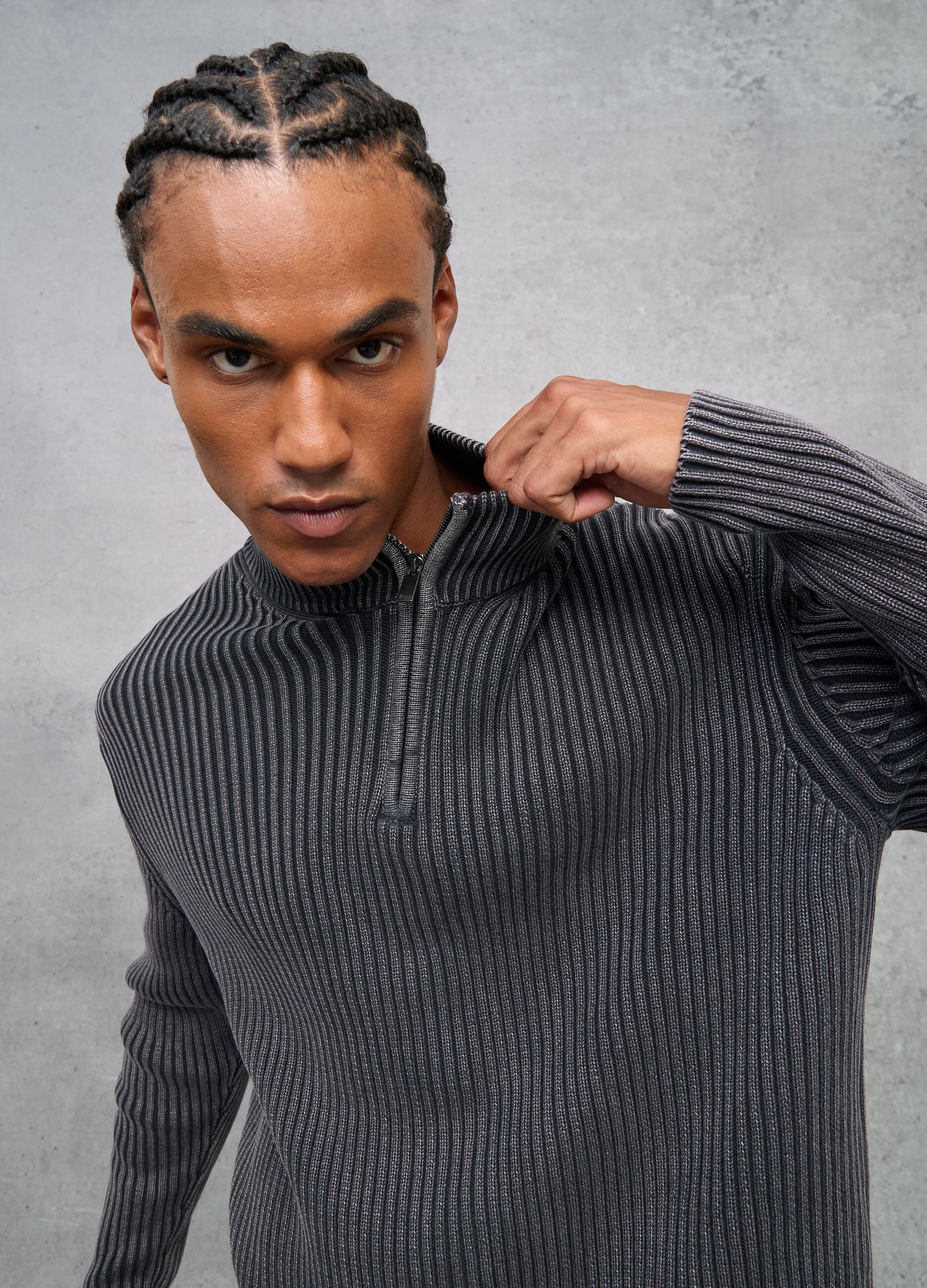 Half-Zip Ribbed Knit Vintage Grey