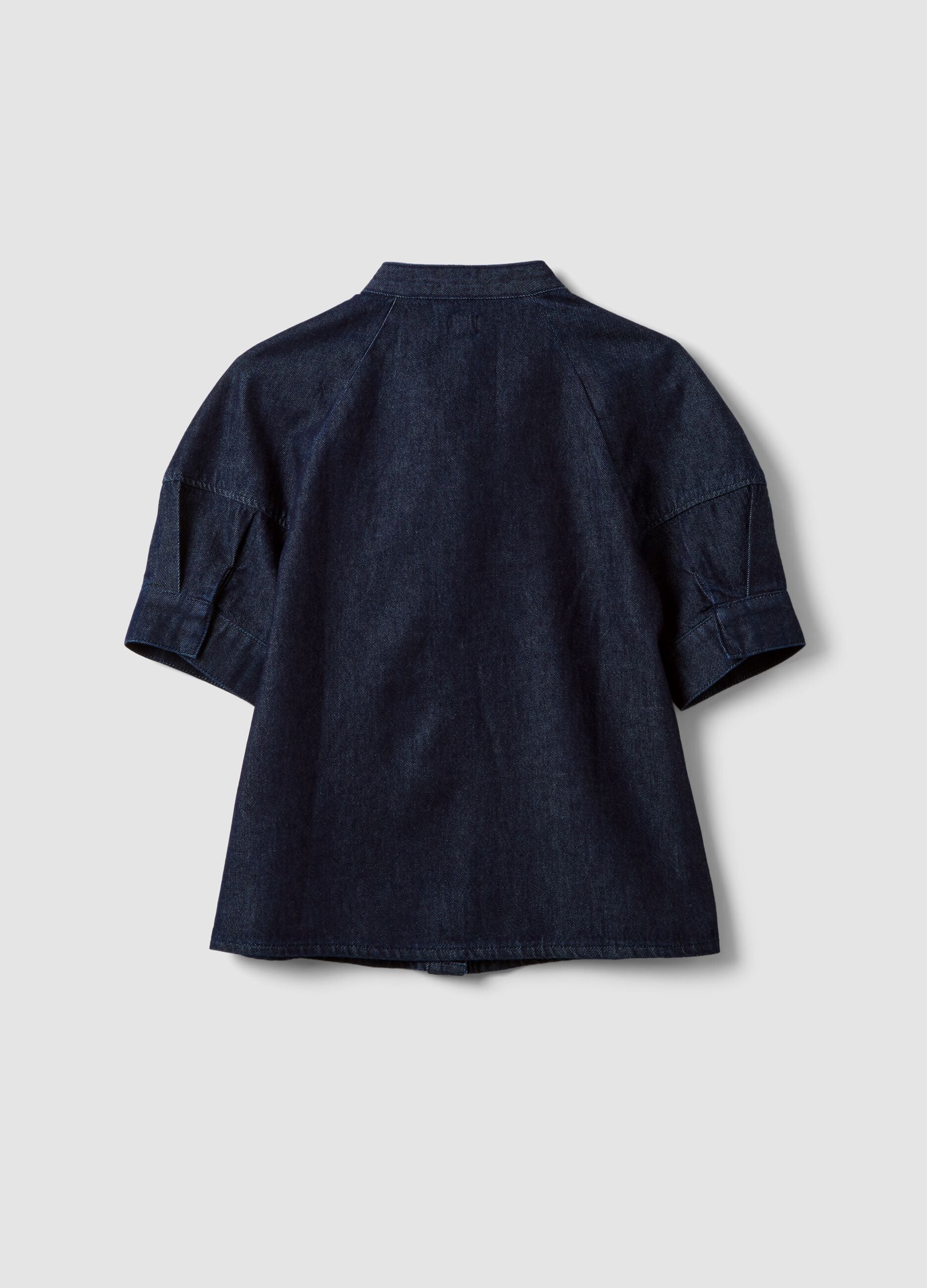 Regular-fit short-sleeved pure cotton denim shirt with tie detail