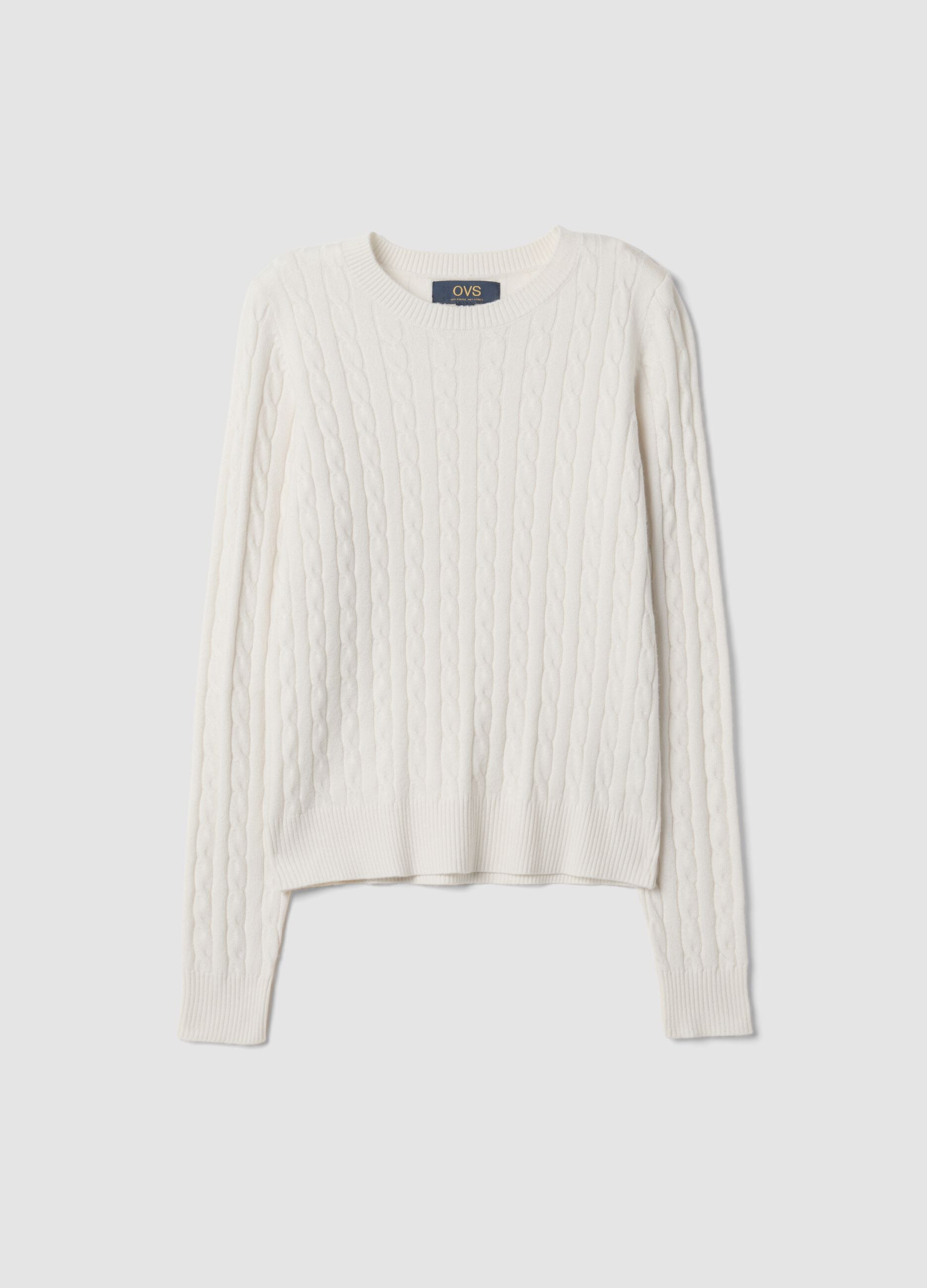 White cable-knit crew-neck jumper, regular fit