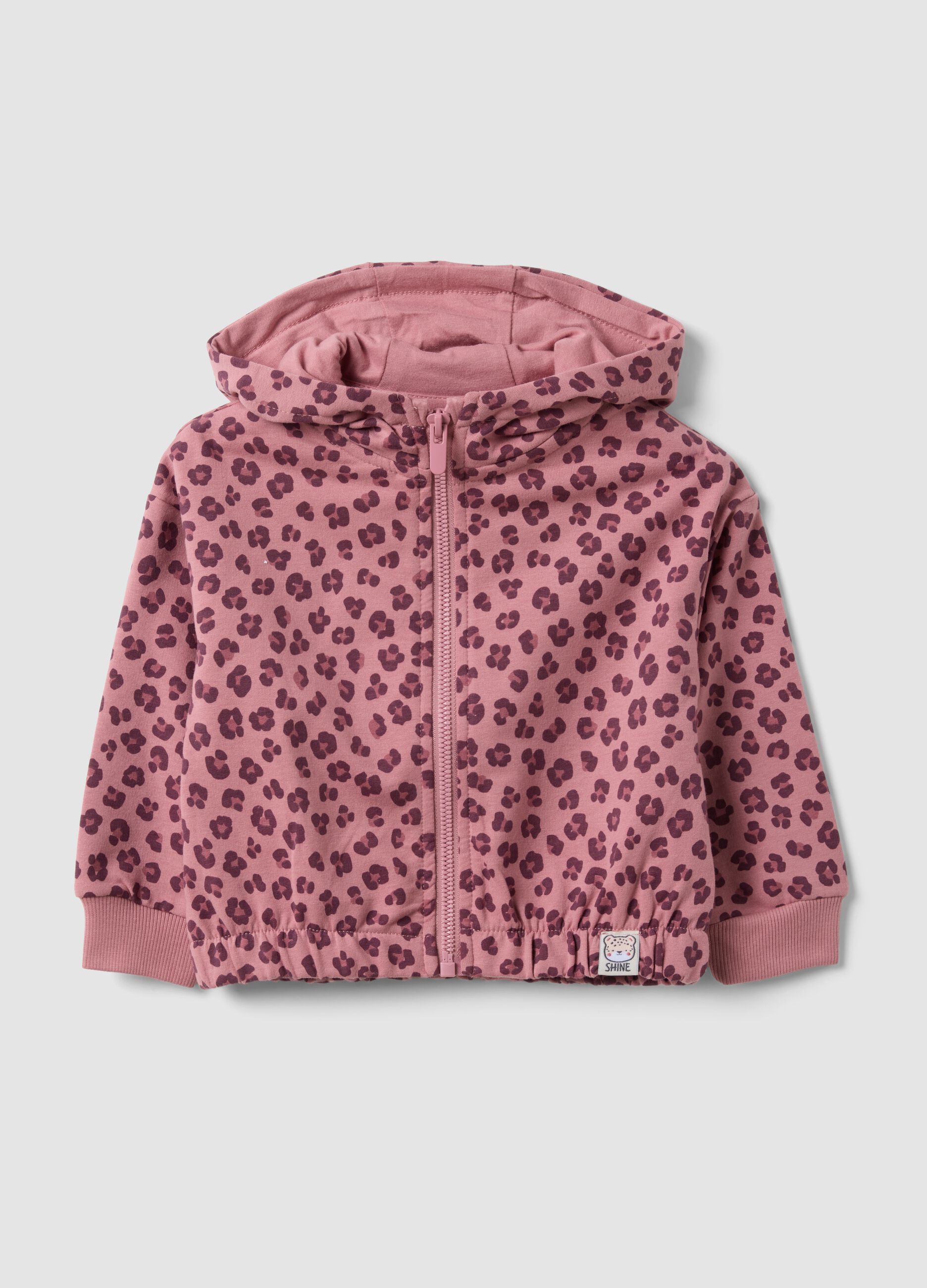 Felpa rosa con cappuccio in cotone elasticizzato e fantasia animalier per bimba