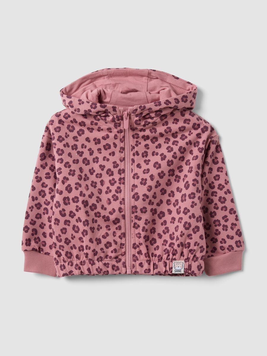 Felpa rosa con cappuccio in cotone elasticizzato e fantasia animalier per bimba_0