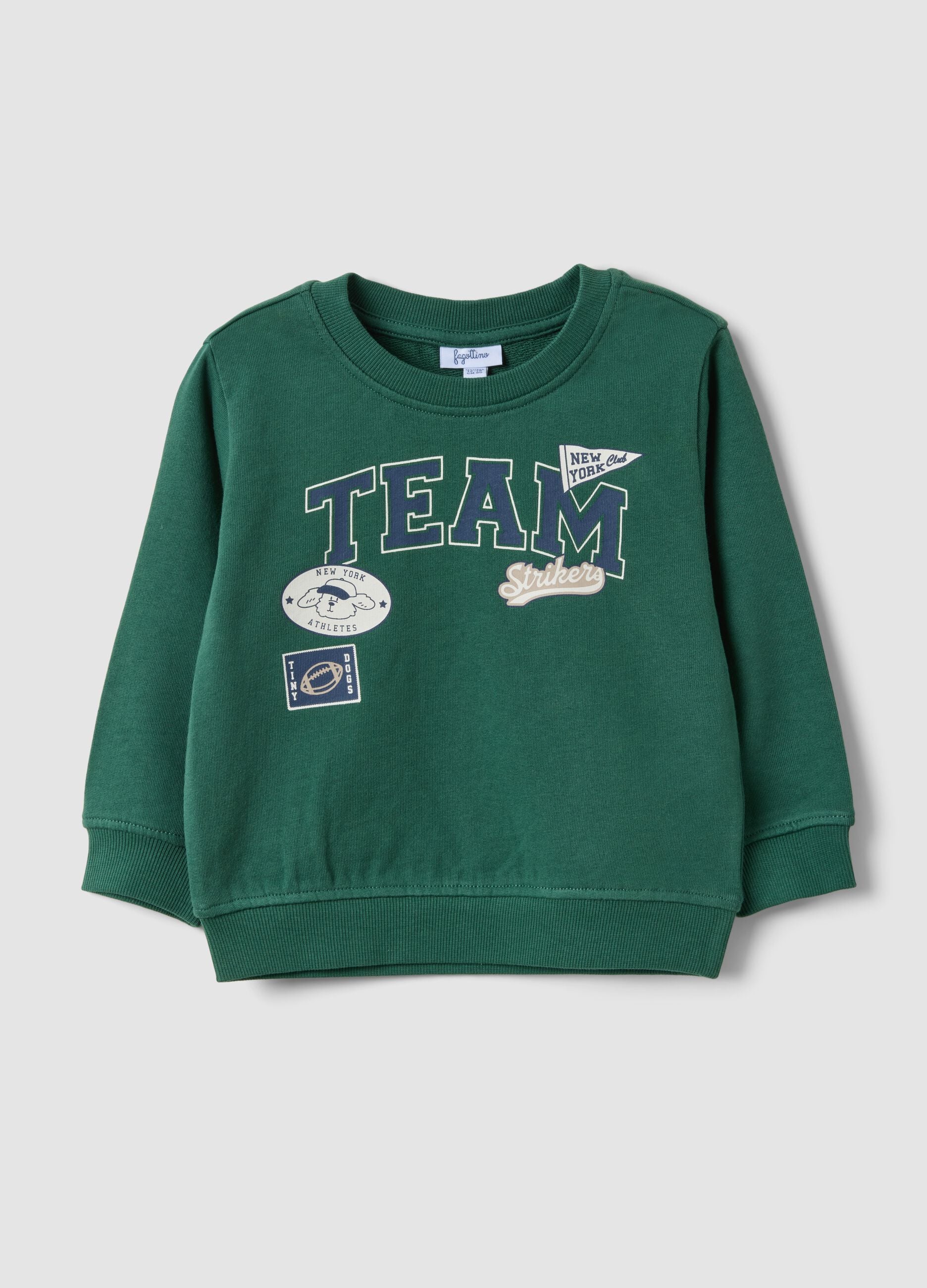 Green pure cotton crew-neck sweatshirt with print for boys, regular fit