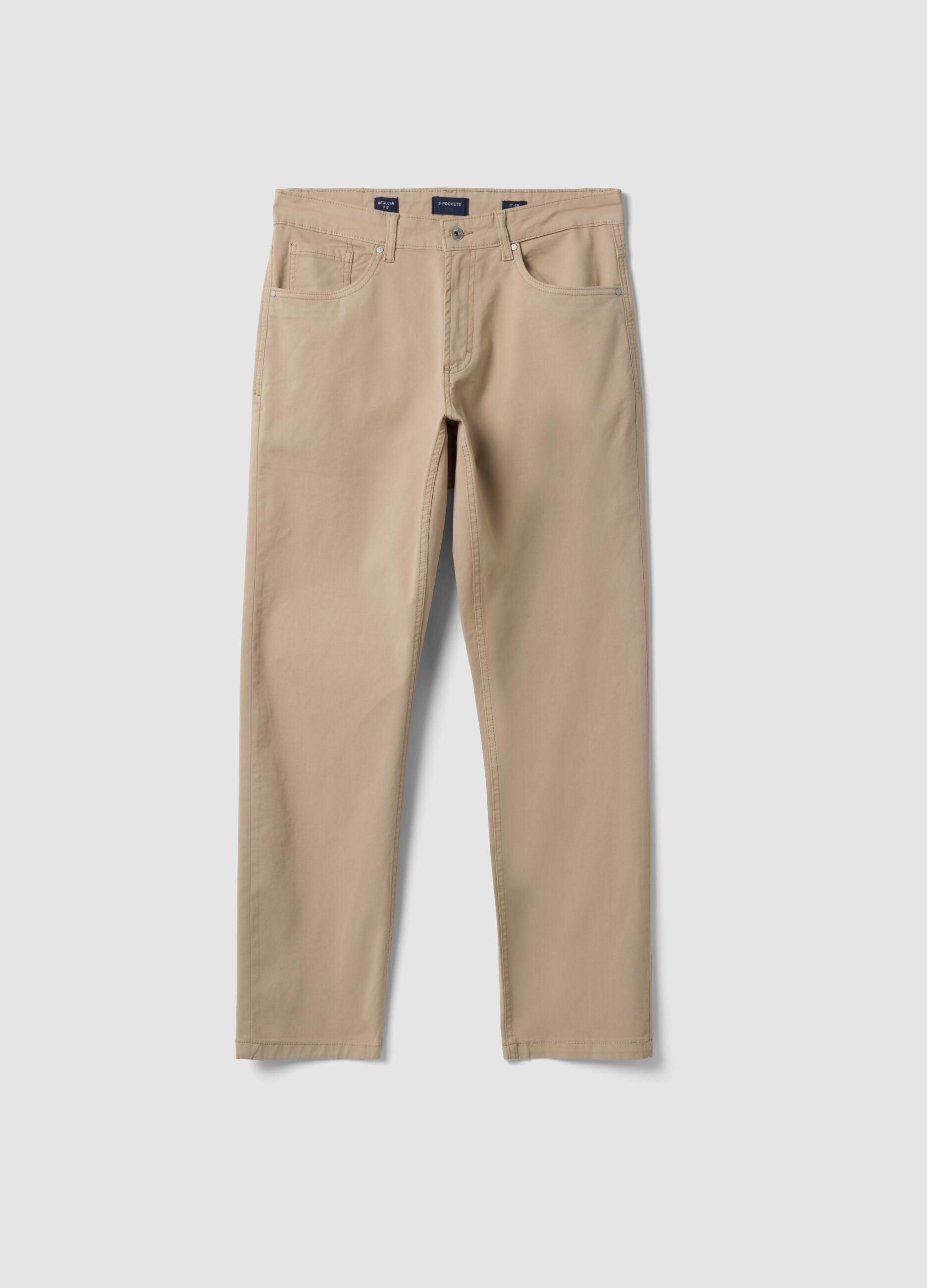 Beige regular-fit stretch cotton twill trousers