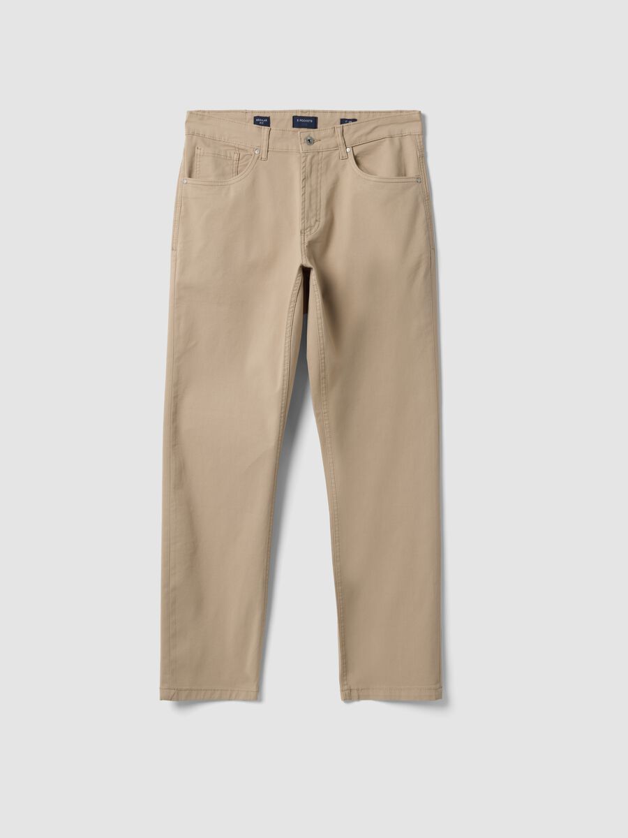 Pantaloni beige in twill di cotone elasticizzato regular fit_0