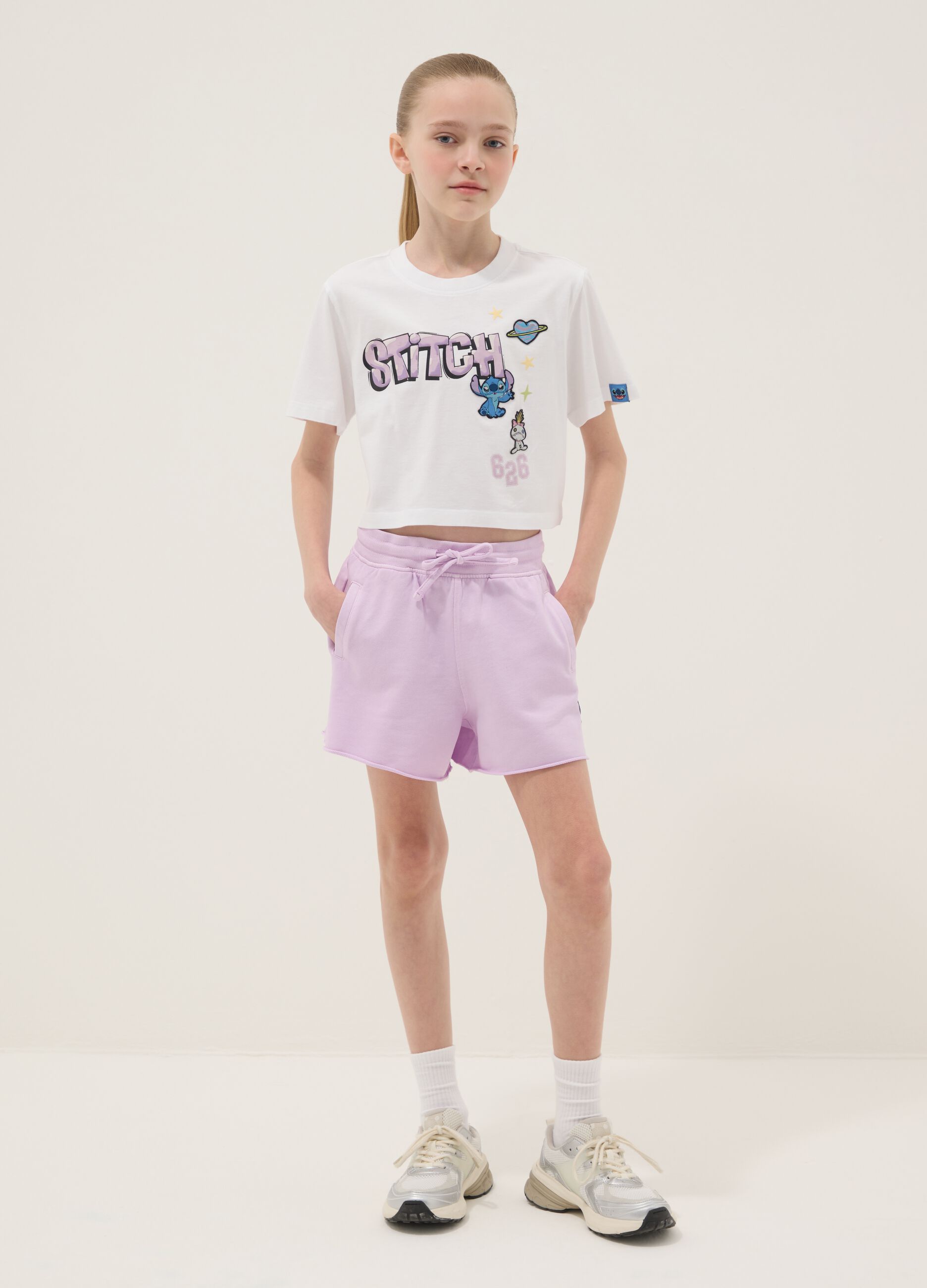 Girls&rsquo; white and purple pure cotton set with Stitch prints